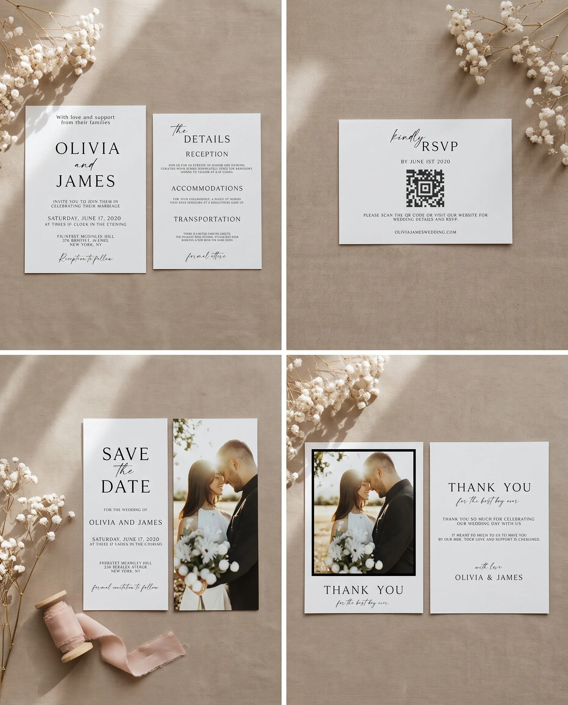 Sunlit wedding invitation set — seven-page suite with invitation, details card, RSVP, and additional pages, printable wedding stationery template