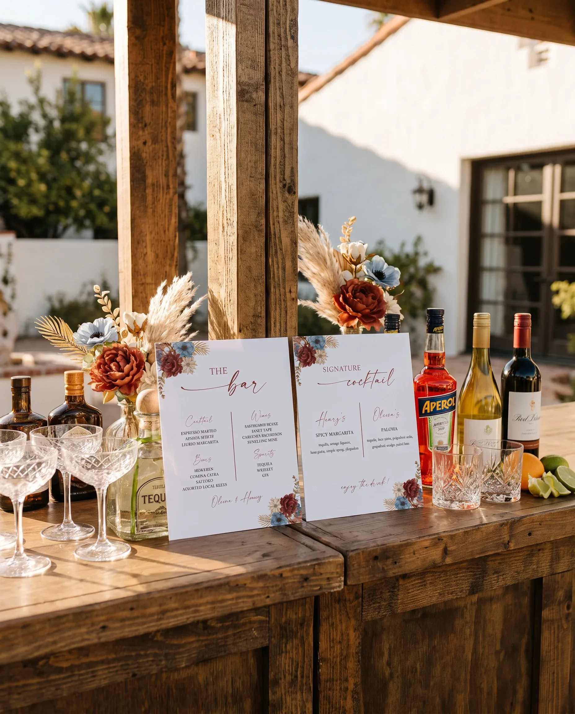 Marisol Bloom — two menu pages displayed on a bar station under soft natural light, bar menu template.