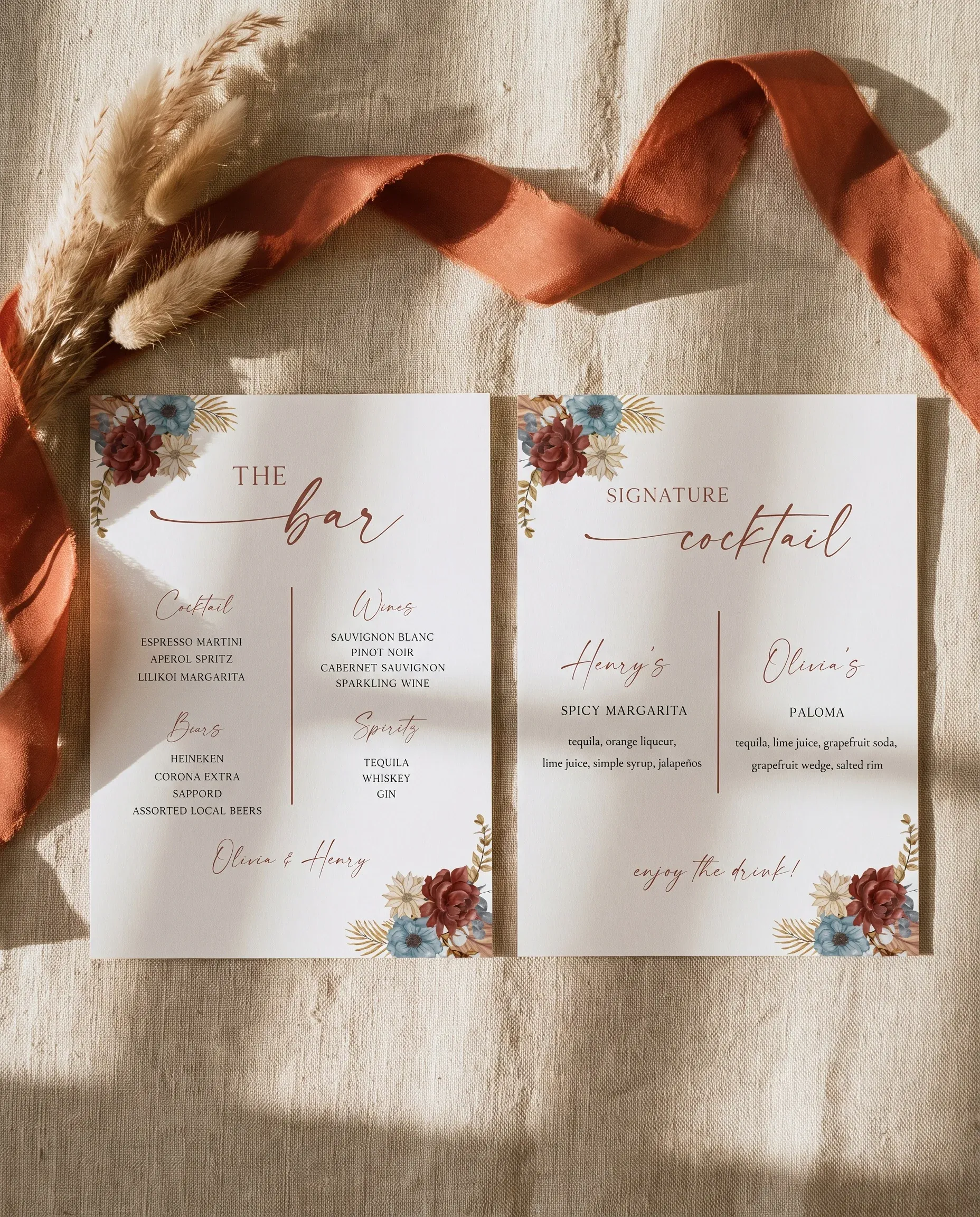 Marisol Bloom — flat lay of two bar menu pages under soft natural light with a slight overhead angle, wedding bar menu.
