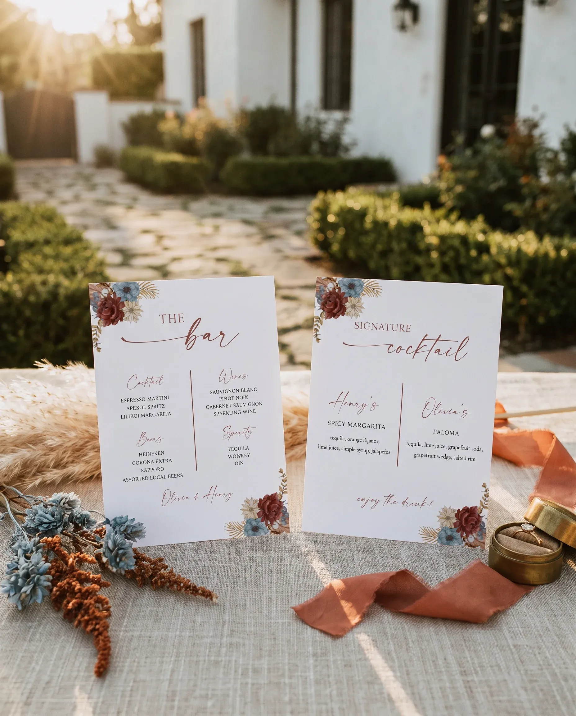 Marisol Bloom — bar menu displayed upright in a styled setting under soft natural light at a slight overhead angle, wedding bar sign.