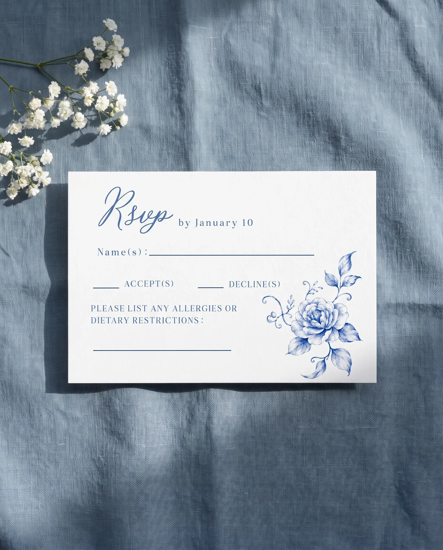 Blue Heron wedding invitation suite — RSVP card shown in a flat lay, wedding RSVP cards.