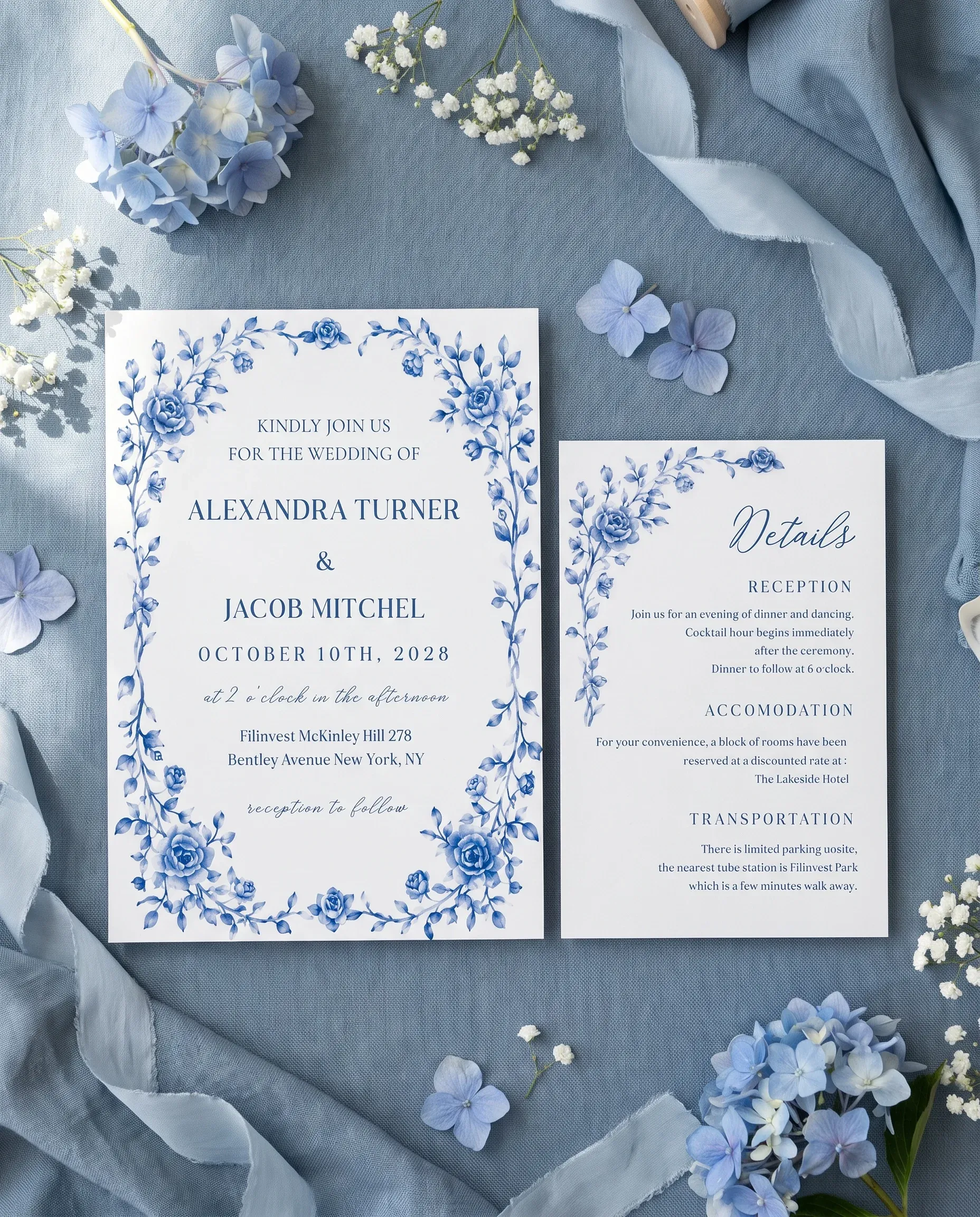 Blue Heron wedding invitation suite — invitation and details card arranged in a flat lay under soft natural light, wedding details card.