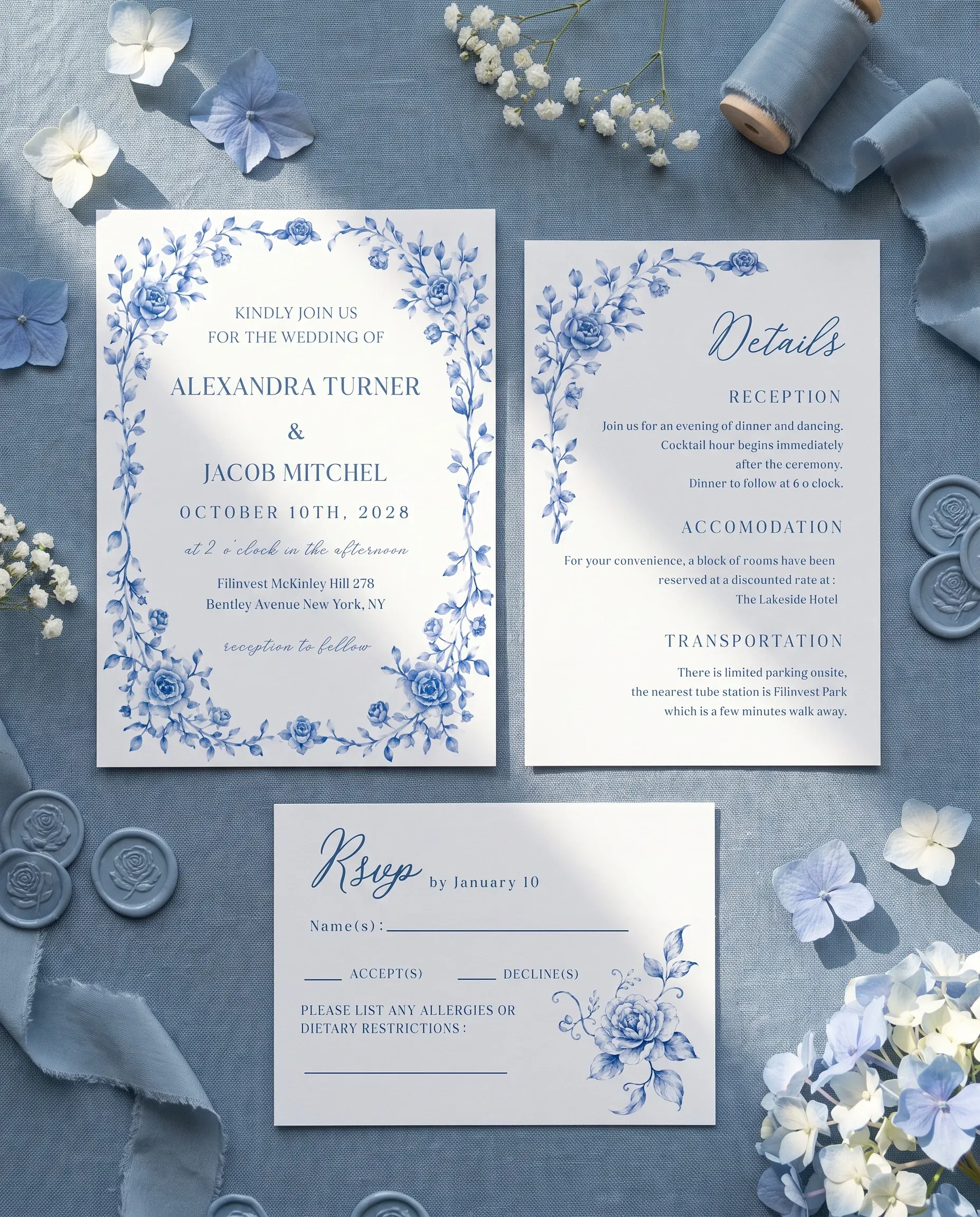 Blue Heron wedding invitation suite — invitation, details card and RSVP shown in a flat lay under soft natural light, wedding invitation templates