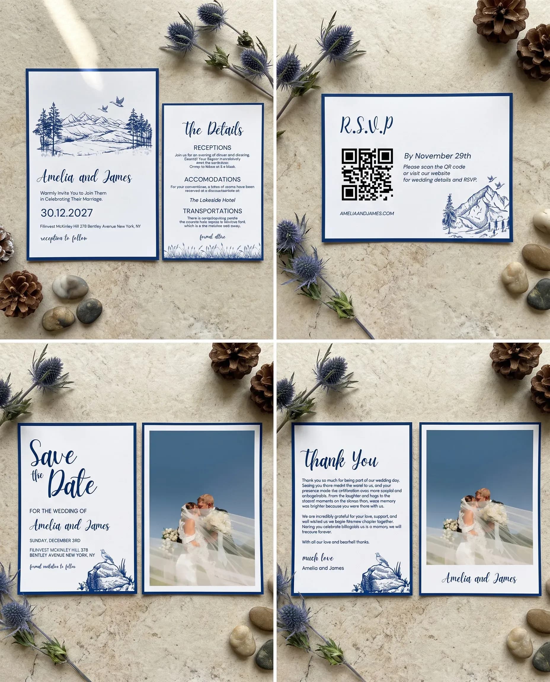 Blue Range wedding invitation set — Invitation, details card, RSVP, save the date and thank you card shown in a flat lay, wedding invitation suite