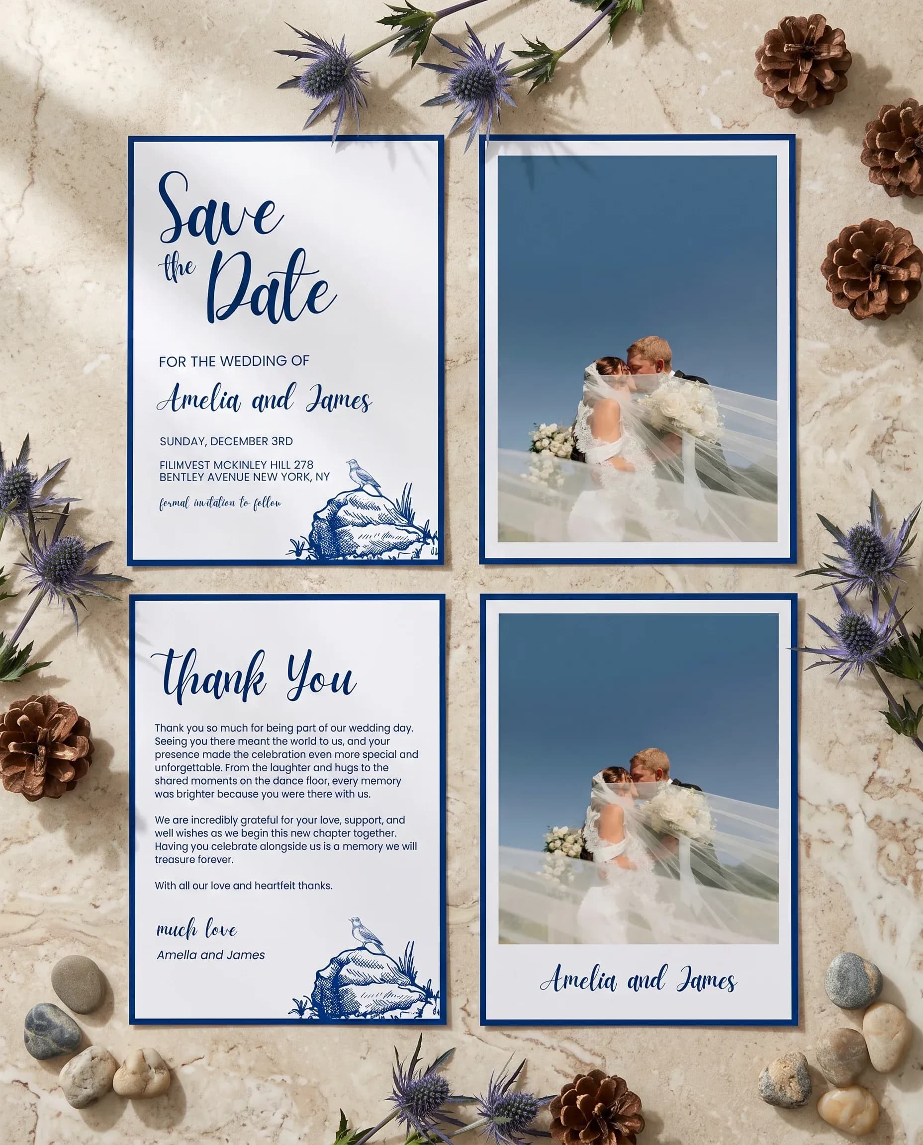 Blue Range wedding invitation set — Save the date and thank you card shown in a flat lay, wedding invitation templates