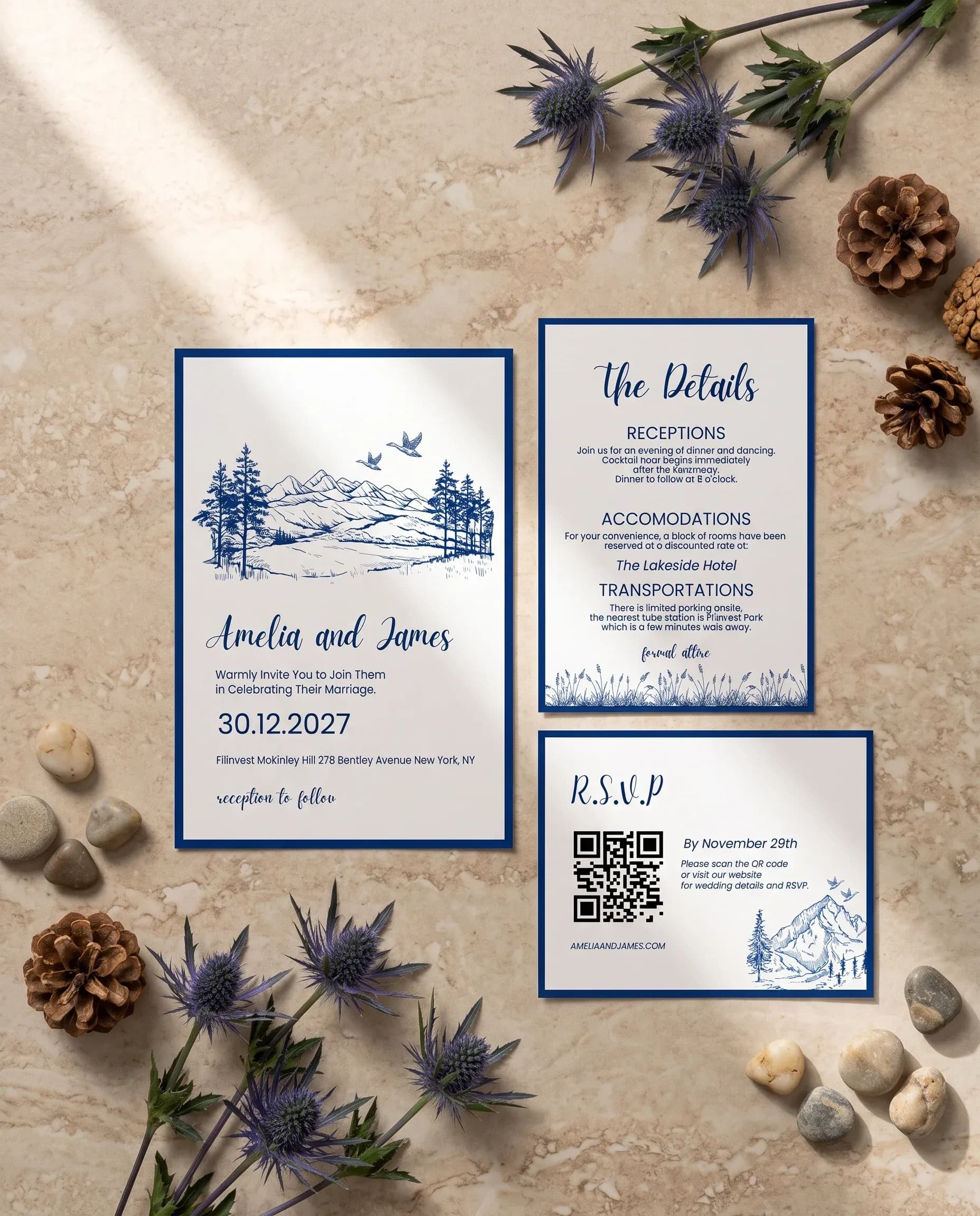 Blue Range wedding invitation set — Invitation, details card and RSVP card shown in a flat lay, printable wedding invitations