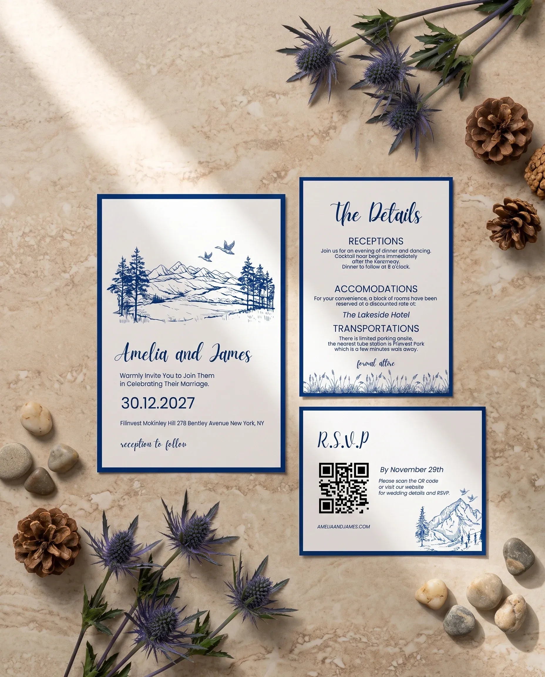Blue Range wedding invitation set — Invitation, details card and RSVP card shown in a flat lay, printable wedding invitations