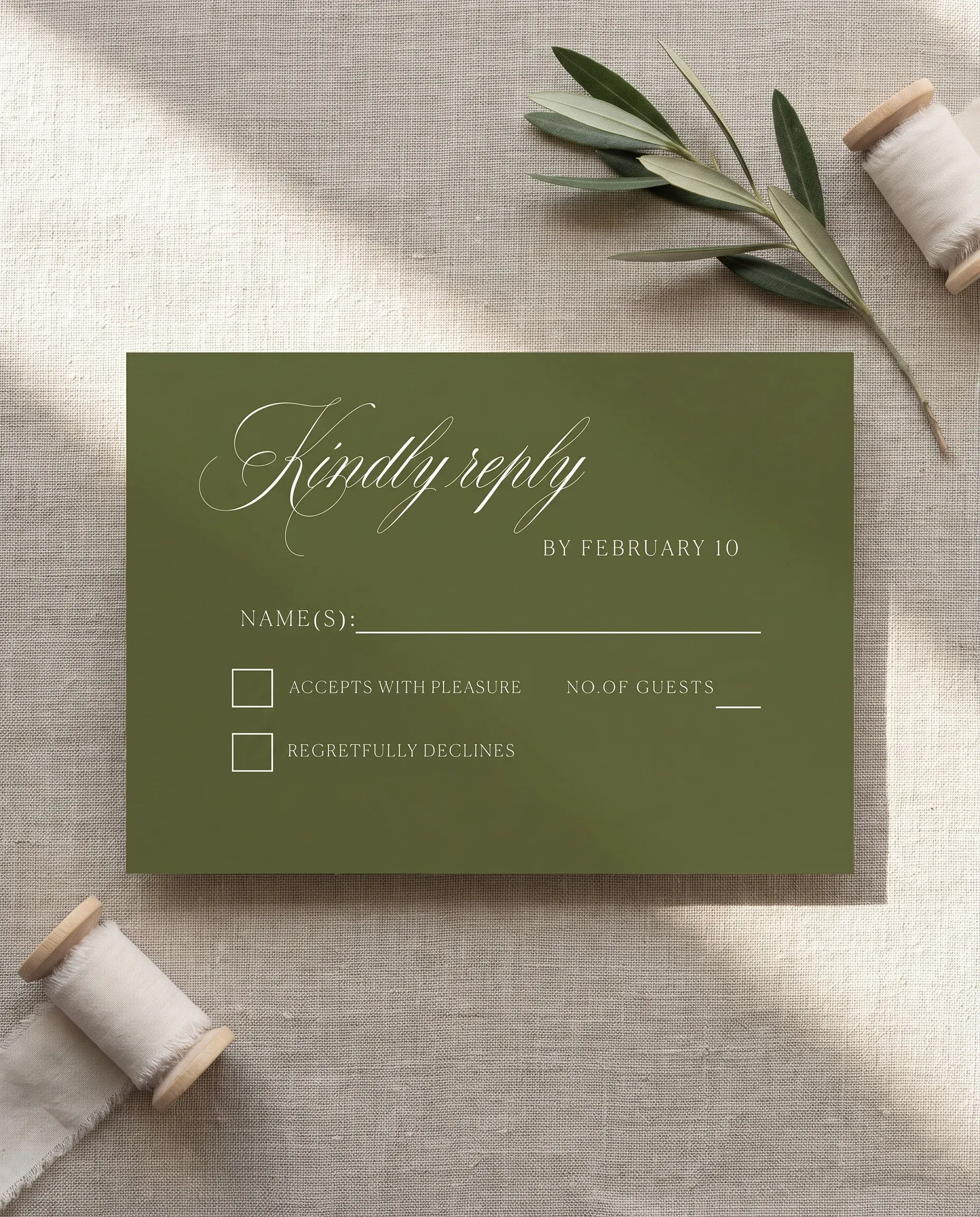 Verdant Filigree wedding invitation suite — RSVP card shown in a flat lay, wedding RSVP cards.