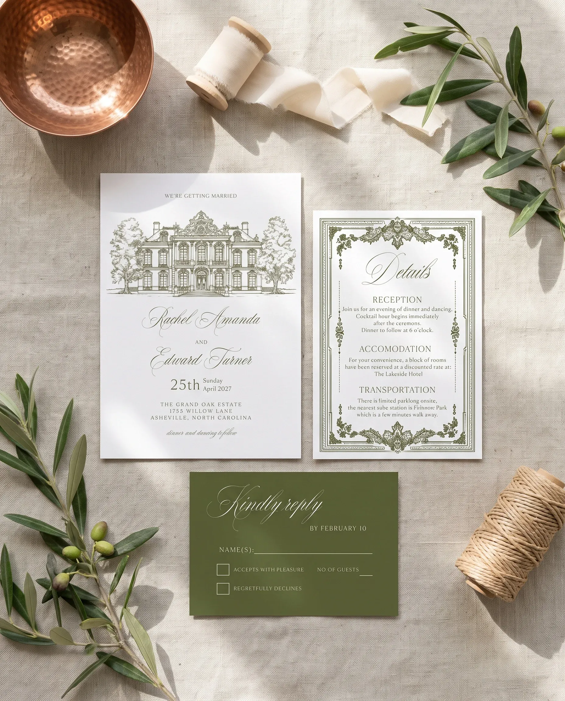 Verdant Filigree wedding invitation suite — invitation, details card and RSVP shown in a flat lay, wedding invitation templates.