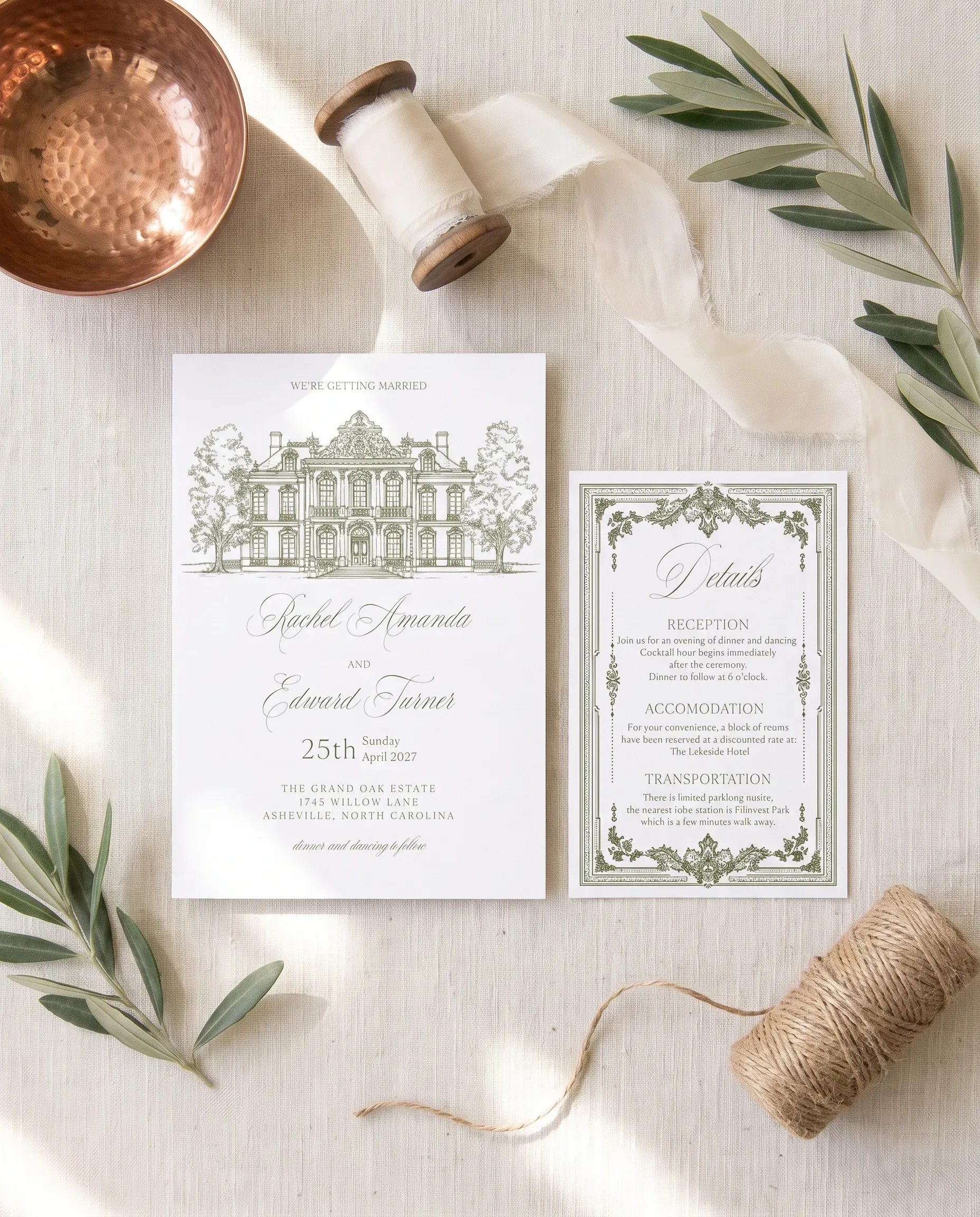 Verdant Filigree wedding invitation suite — invitation and details card shown in a flat lay under soft natural light, wedding details card.