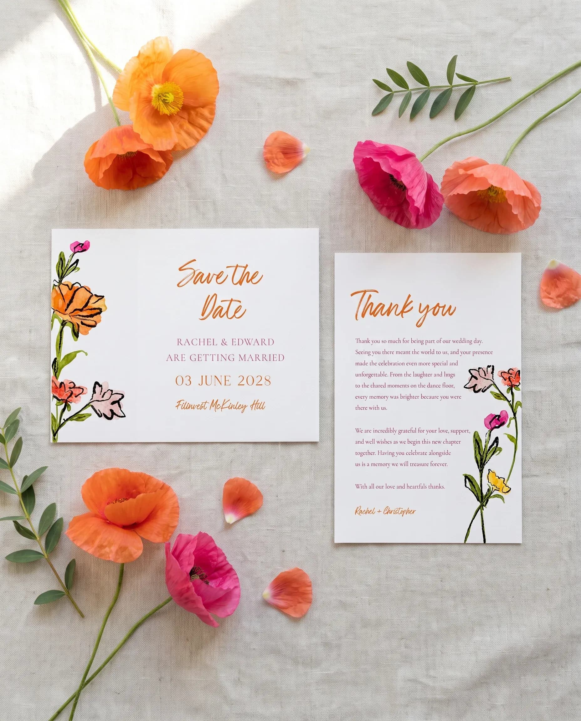 Poppy Court wedding invitation set — Save the date and thank you card shown in a flat lay, wedding invitation templates