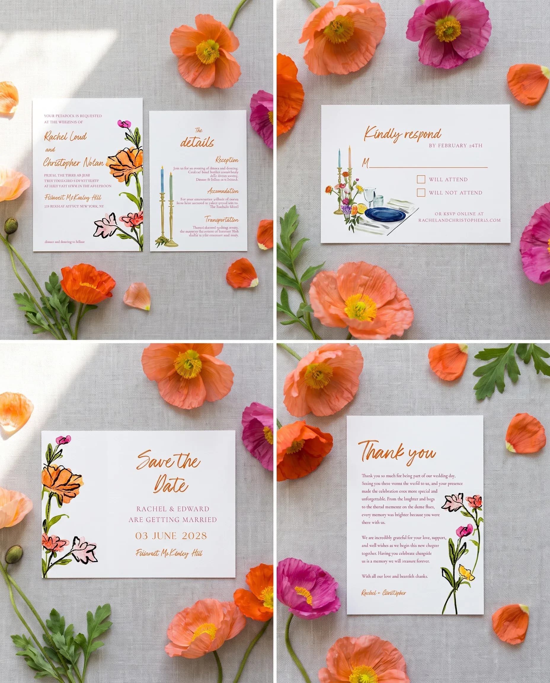 Poppy Court wedding invitation set — Invitation, details card, RSVP, save the date and thank you card shown in a flat lay, wedding invitation suite
