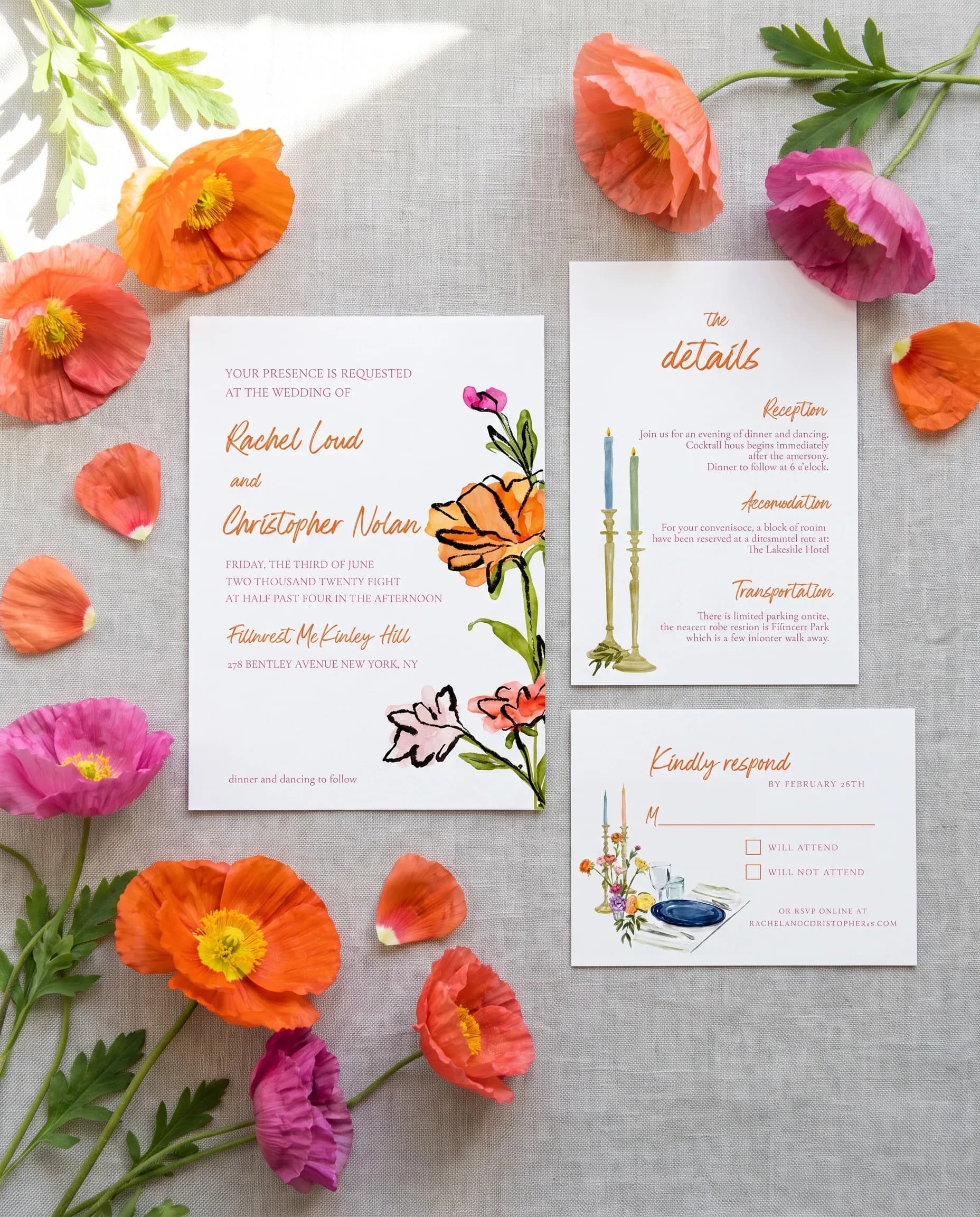 Poppy Court wedding invitation set — Invitation, details card and RSVP card shown in a flat lay, printable wedding invitations