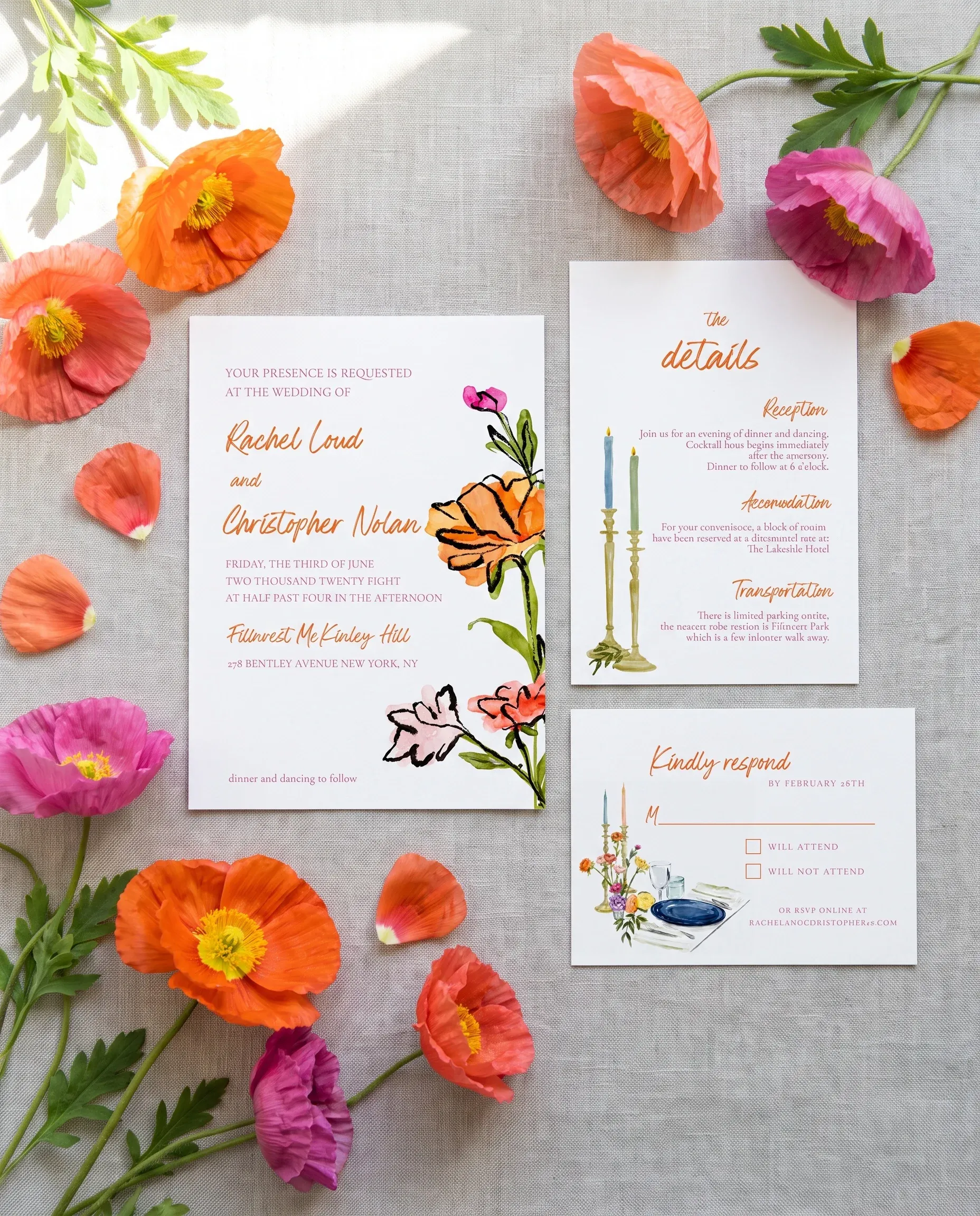 Poppy Court wedding invitation set — Invitation, details card and RSVP card shown in a flat lay, printable wedding invitations