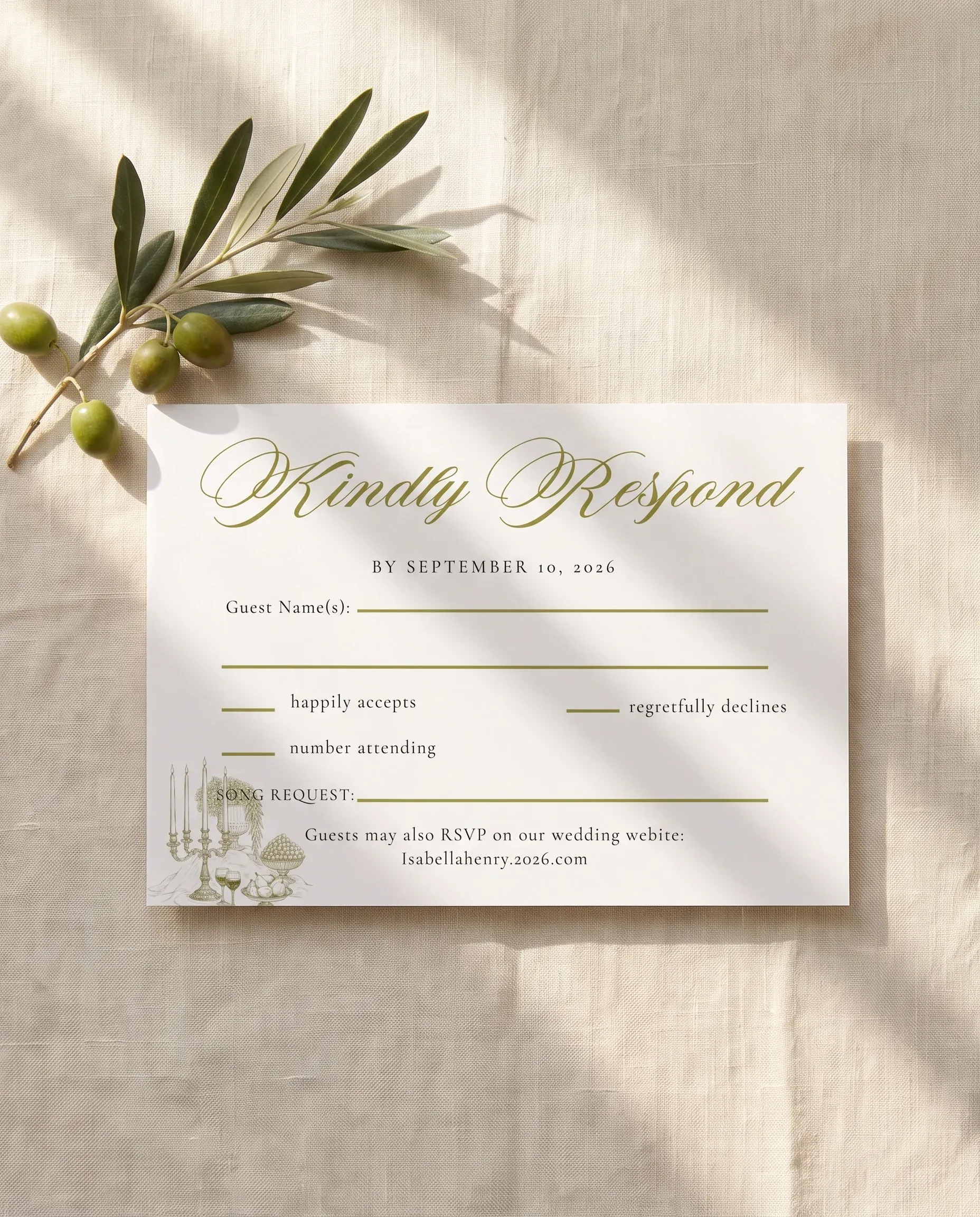 Olive Baroque wedding invitation suite — RSVP card shown in a flat lay, wedding RSVP cards.
