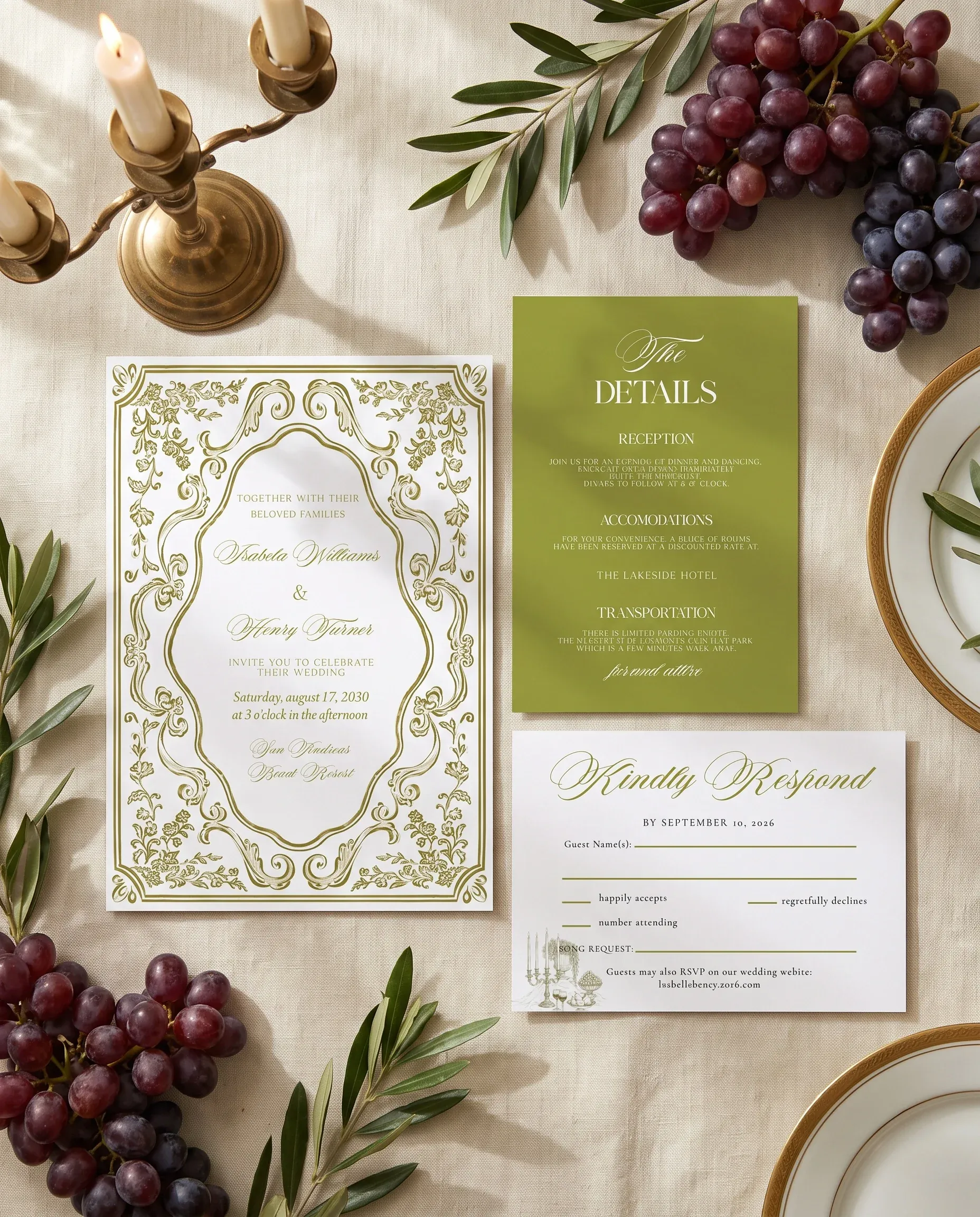 Olive Baroque wedding invitation suite — invitation, details card and RSVP shown in a flat lay, wedding invitation templates.