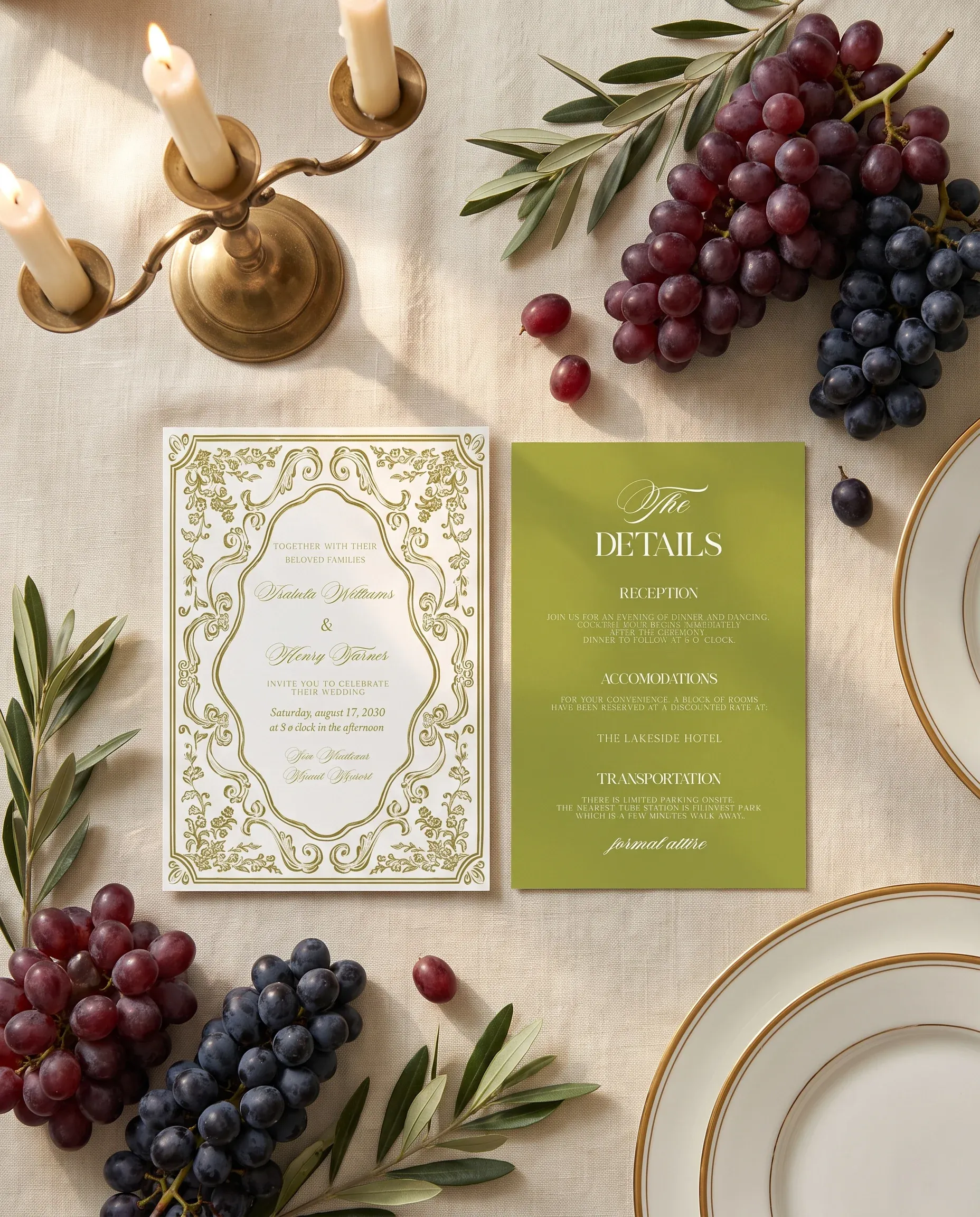 Olive Baroque wedding invitation suite — invitation and details card arranged side by side in a flat lay, wedding details card