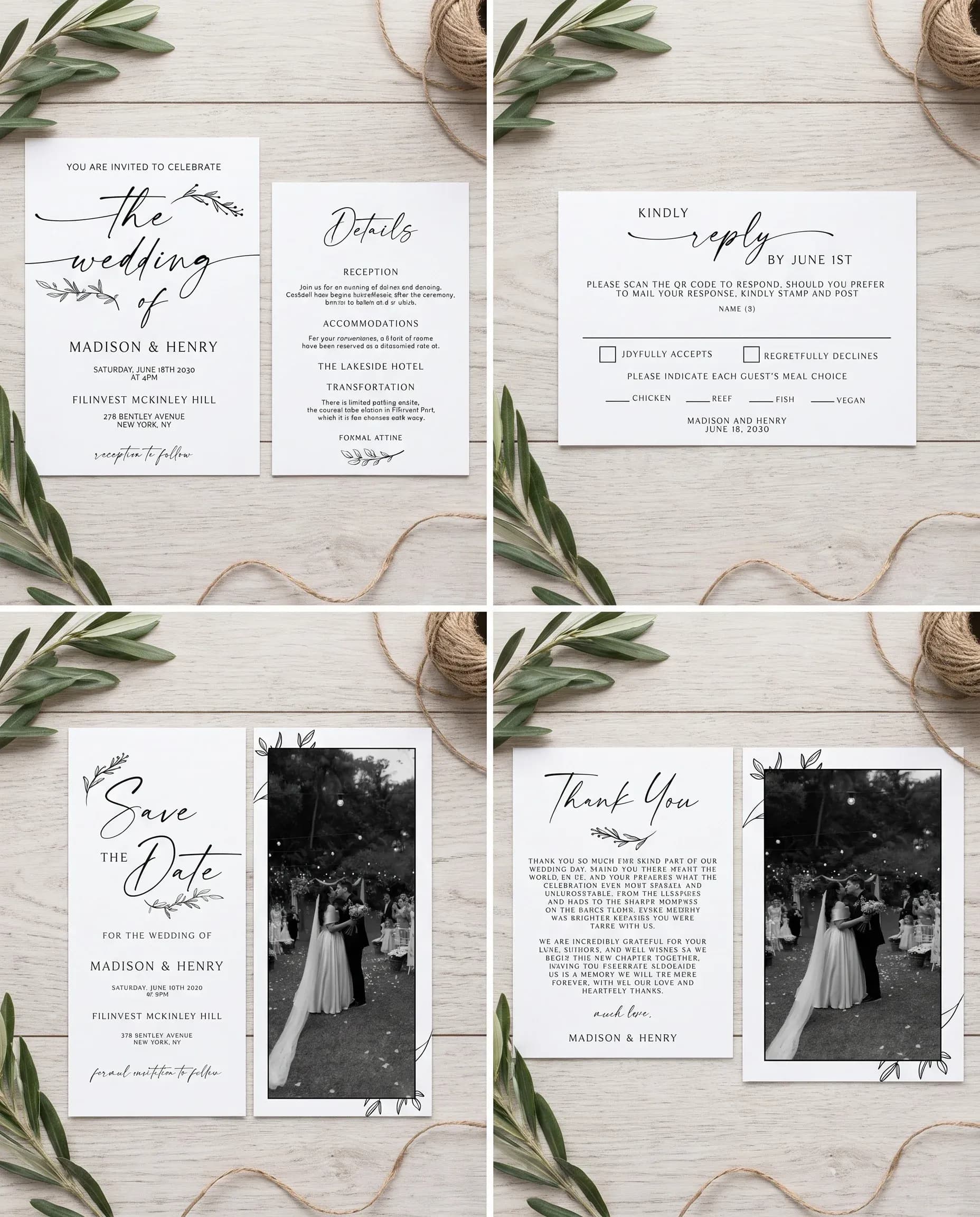 Willow Script invitation set — invitation, details card, RSVP, save the date and thank you card in a flat lay, wedding invitation suite.