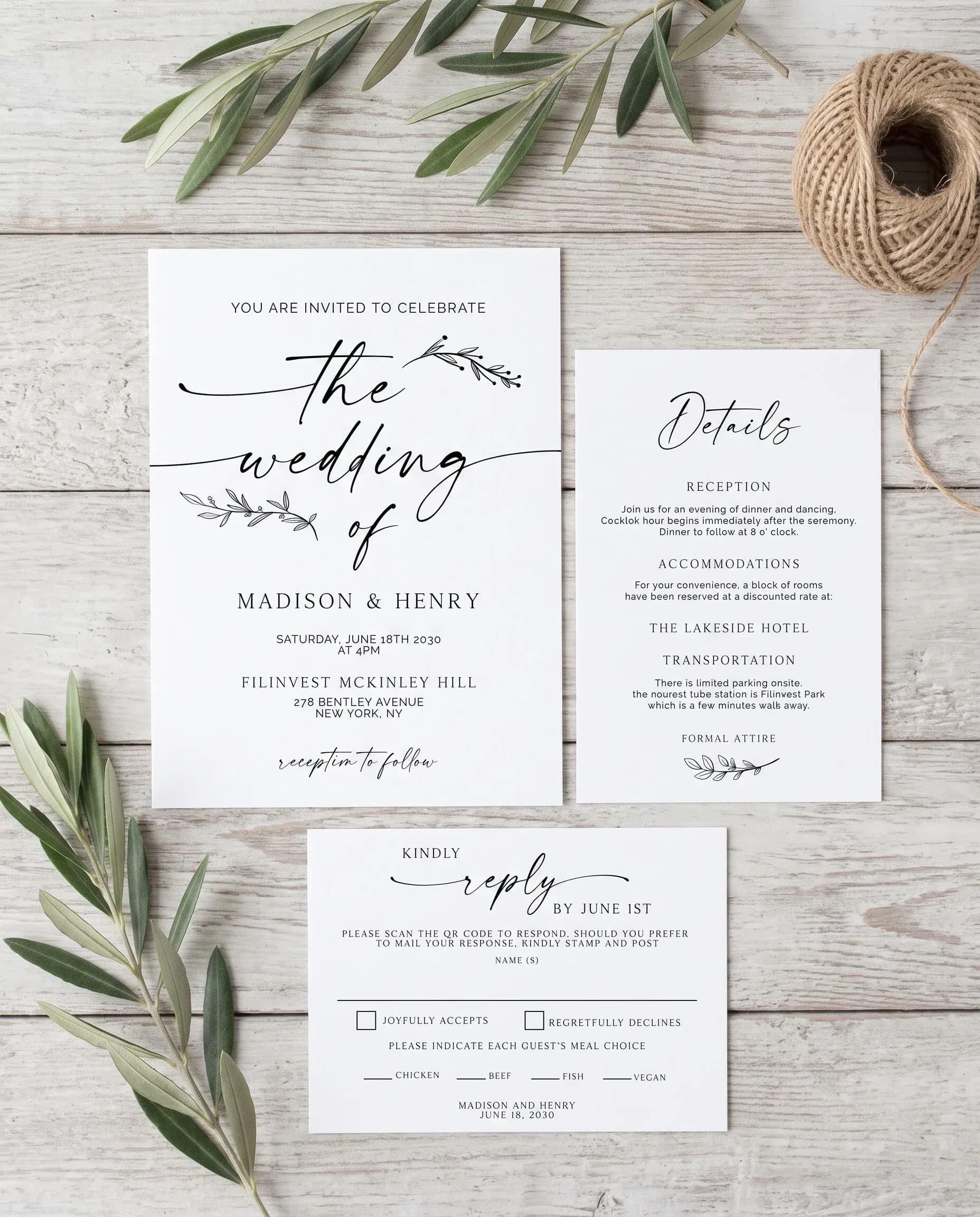 Willow Script wedding invitation set — invitation, details card and RSVP shown together in a flat lay, printable wedding invitations.