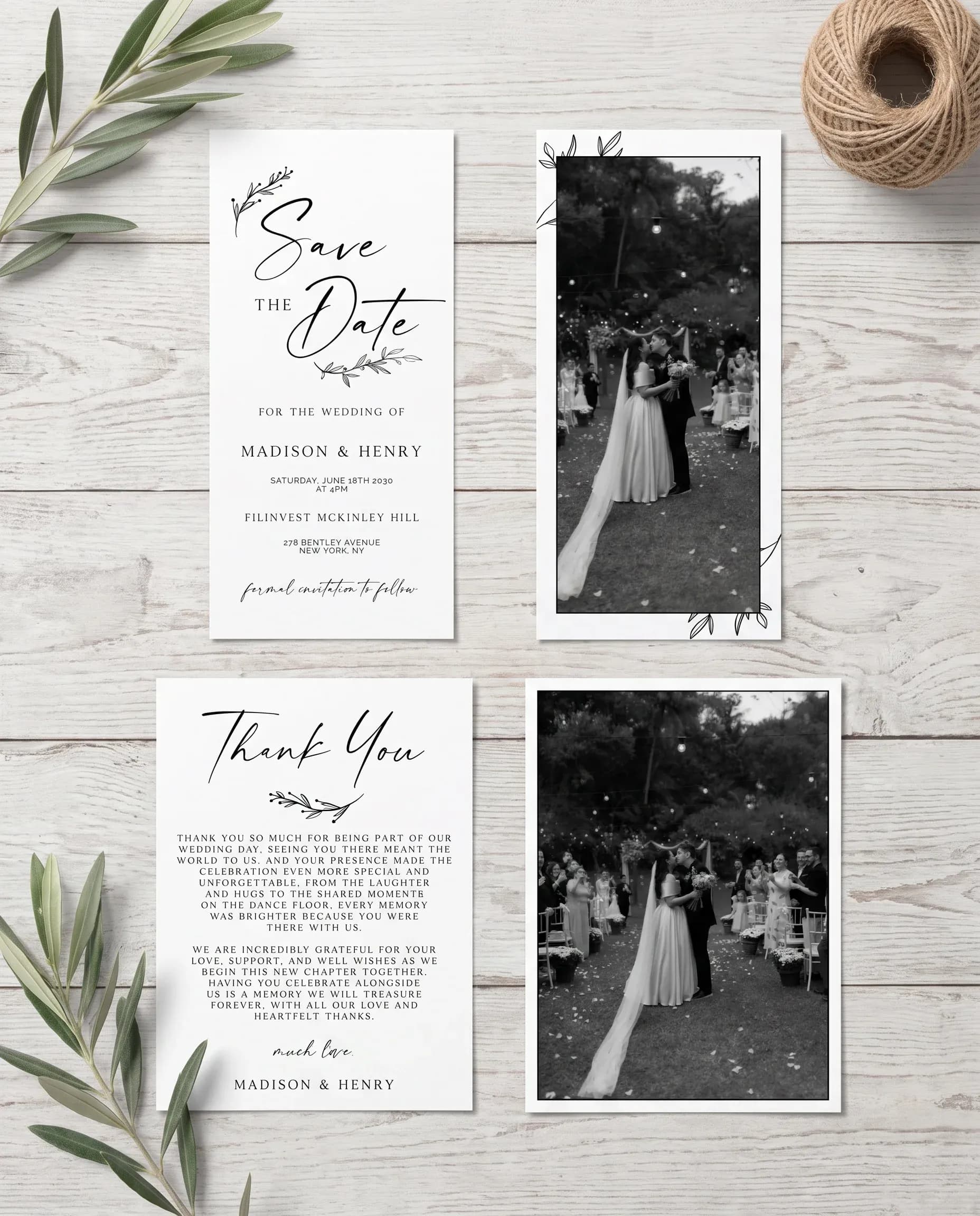 Willow Script wedding invitation set — save the date and thank you card shown in a flat lay, wedding invitation templates.