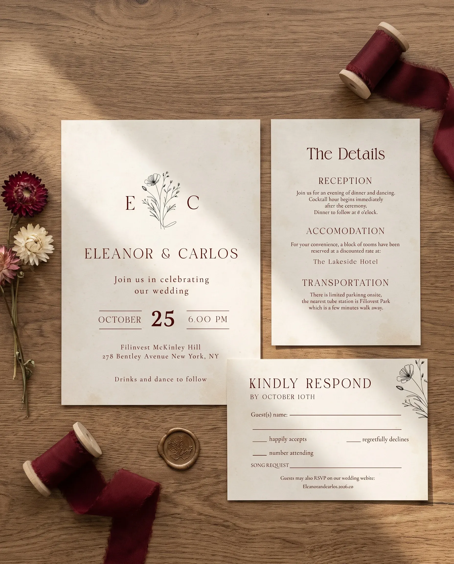 Heritage Bloom wedding invitation set — Invitation, details card and RSVP card shown in a flat lay, printable wedding invitations