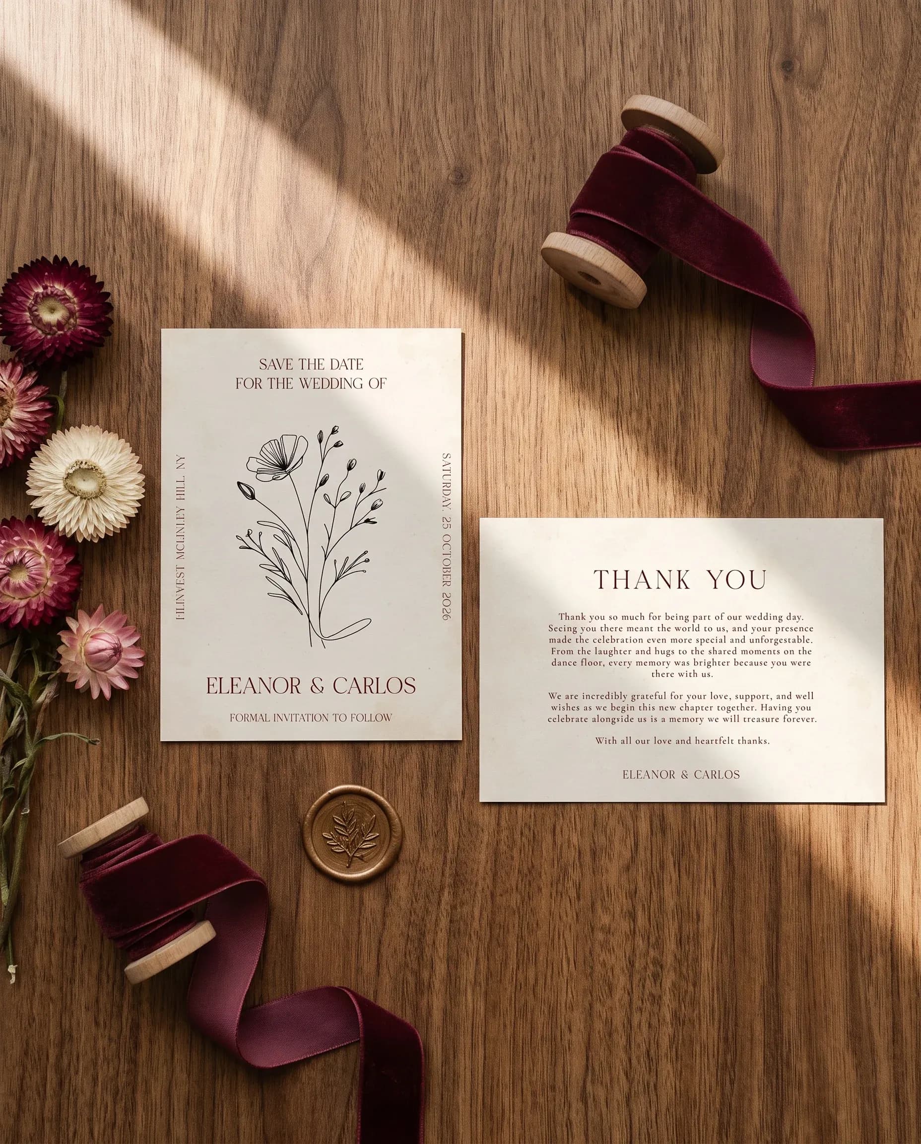 Heritage Bloom wedding invitation set — Save the date and thank you card shown in a flat lay, wedding invitation templates