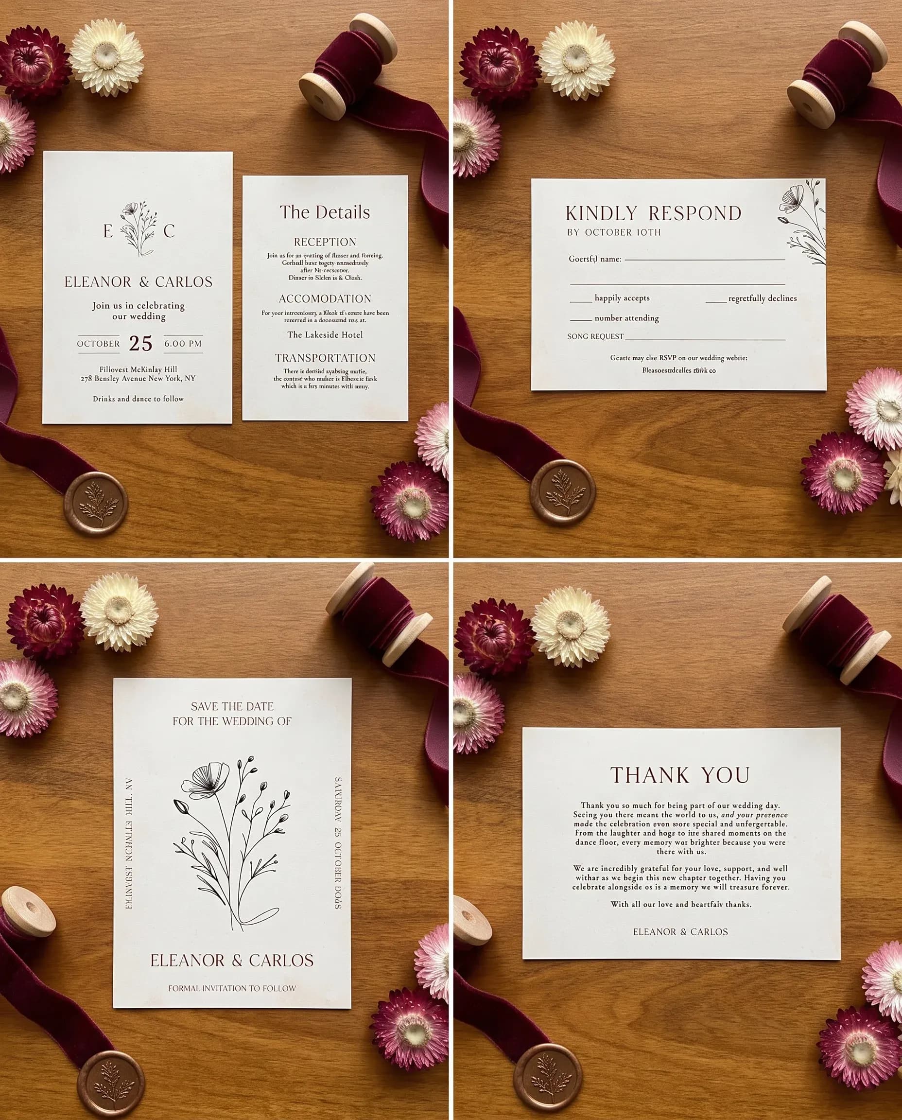 Heritage Bloom wedding invitation set — Invitation, details card, RSVP, save the date and thank you card shown in a flat lay, wedding invitation suite