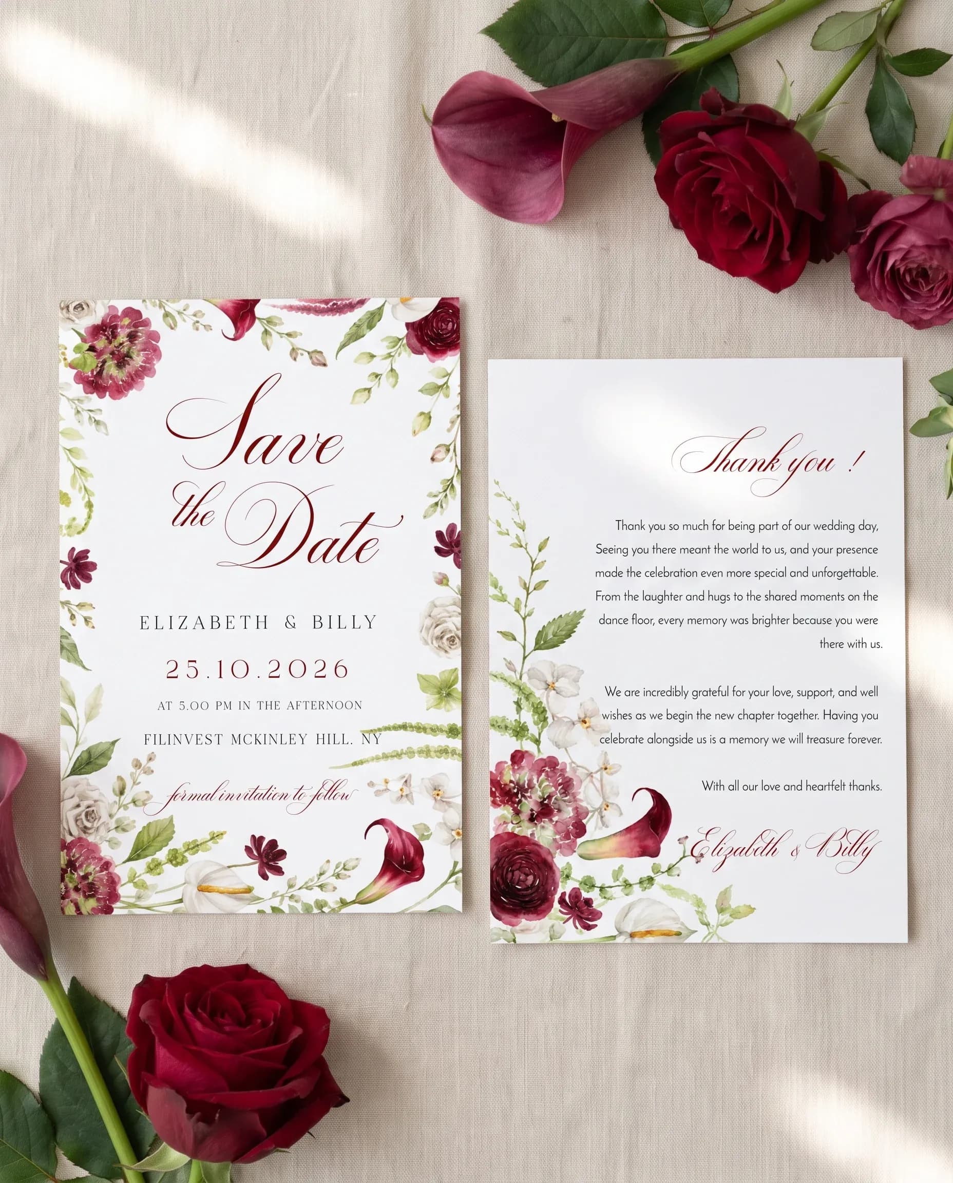 Burgundy Calla wedding invitation set — Save the date and thank you card shown in a flat lay, wedding invitation templates