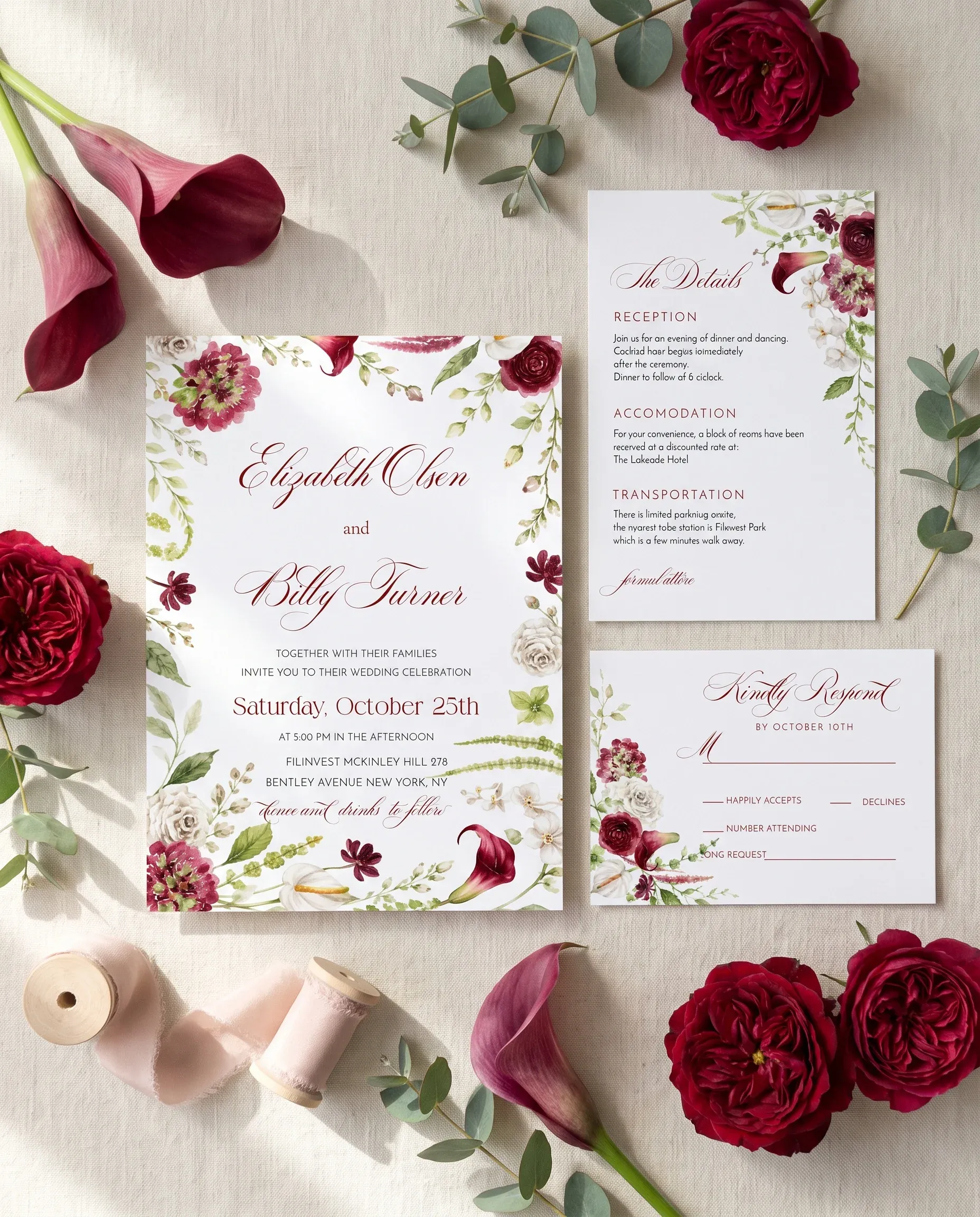 Burgundy Calla wedding invitation set — Invitation, details card and RSVP card shown in a flat lay, printable wedding invitations