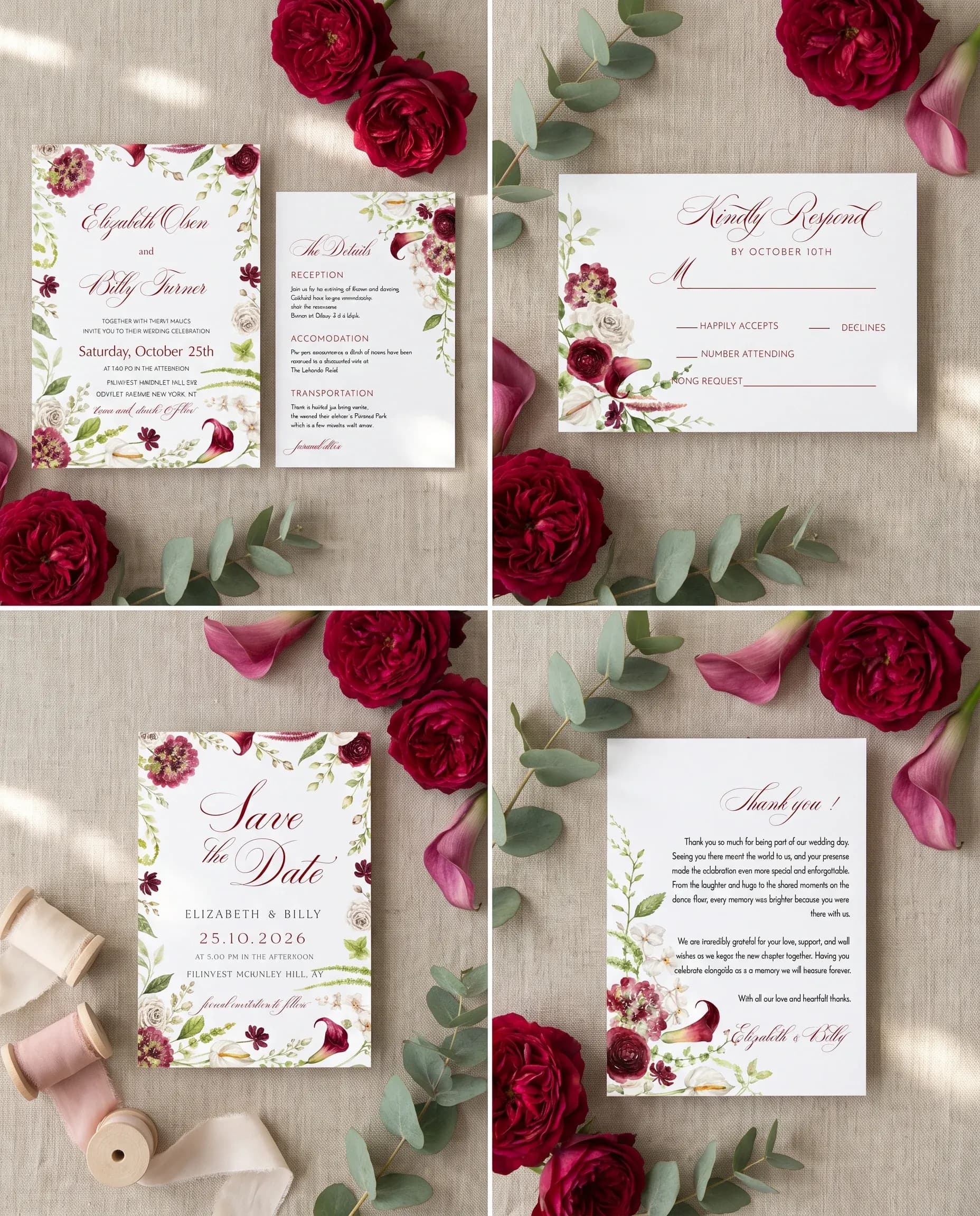 Burgundy Calla wedding invitation set — Invitation, details card, RSVP, save the date and thank you card shown in a flat lay, wedding invitation suite