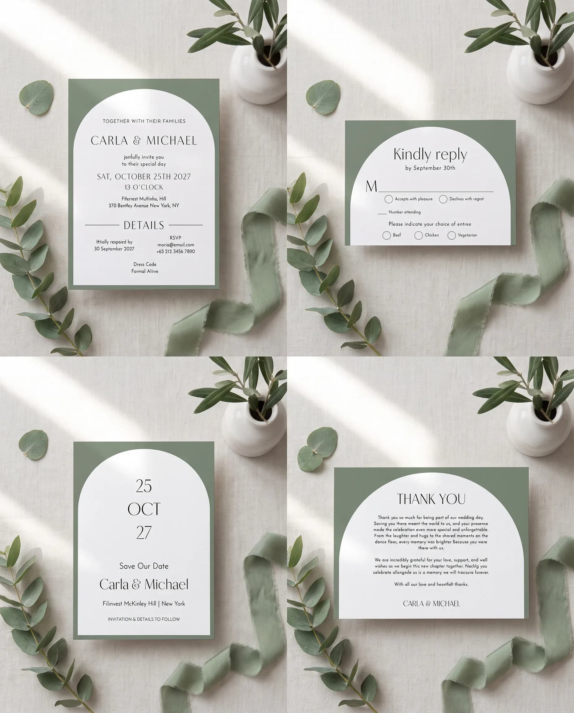 Arc Vale wedding invitation set — Invitation, details card, RSVP, save the date and thank you card shown in a flat lay, wedding invitation suite