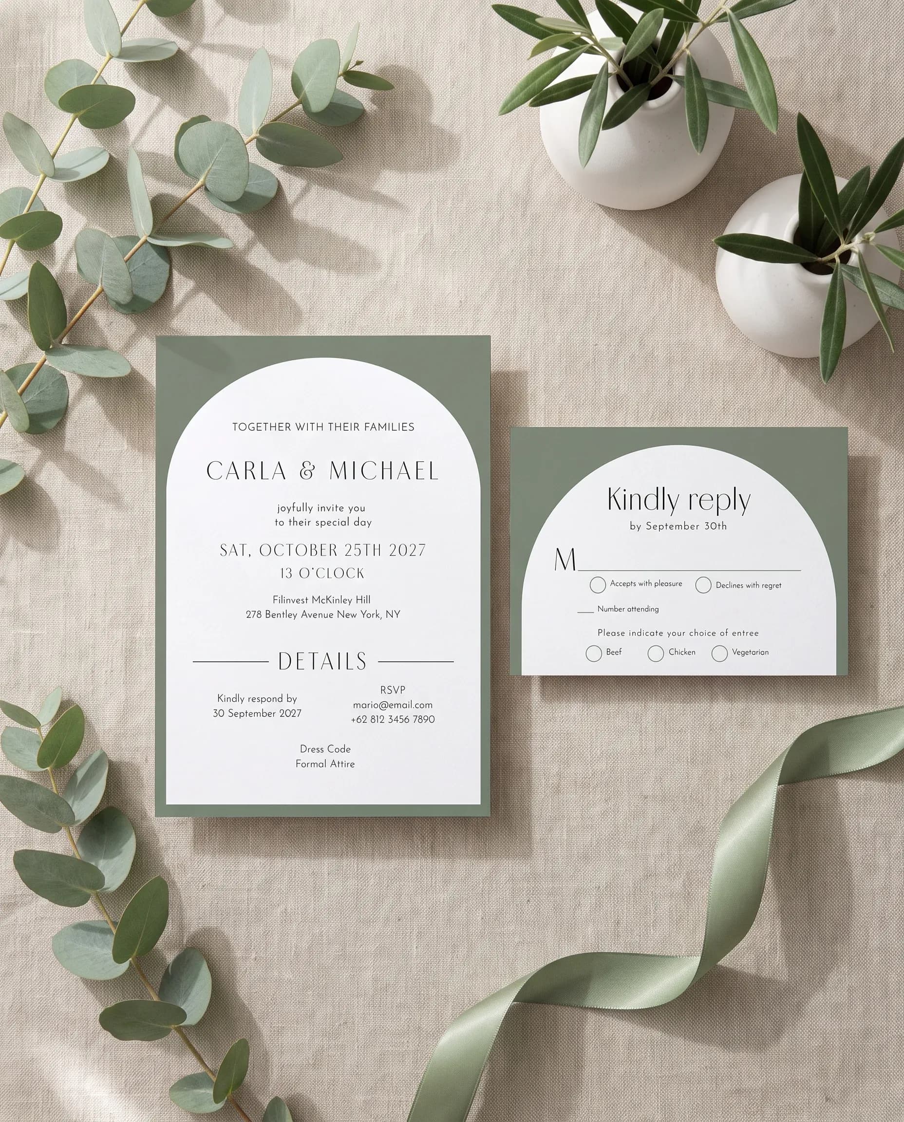 Arc Vale wedding invitation set — Invitation, details card and RSVP card shown in a flat lay, printable wedding invitations