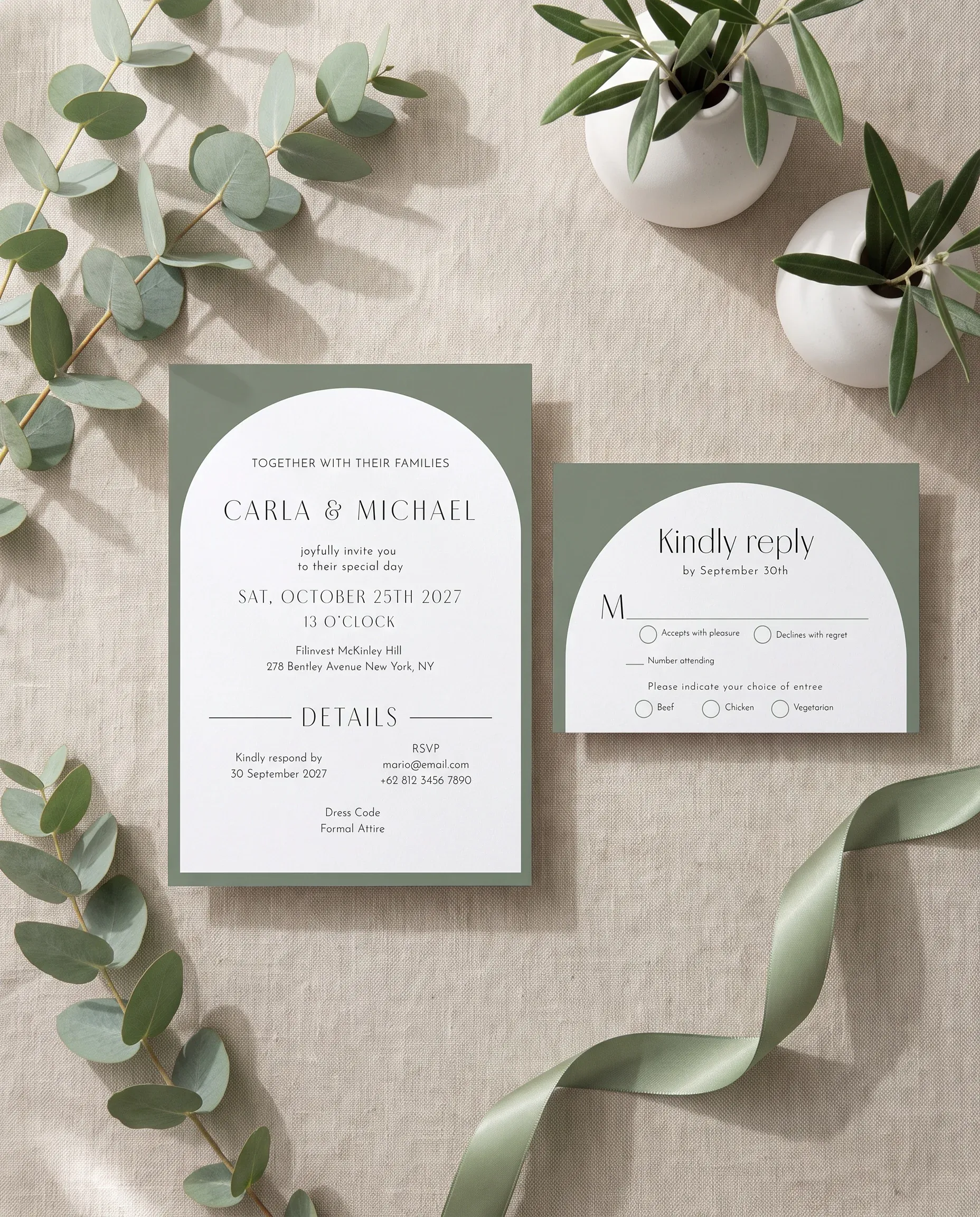 Arc Vale wedding invitation set — Invitation, details card and RSVP card shown in a flat lay, printable wedding invitations