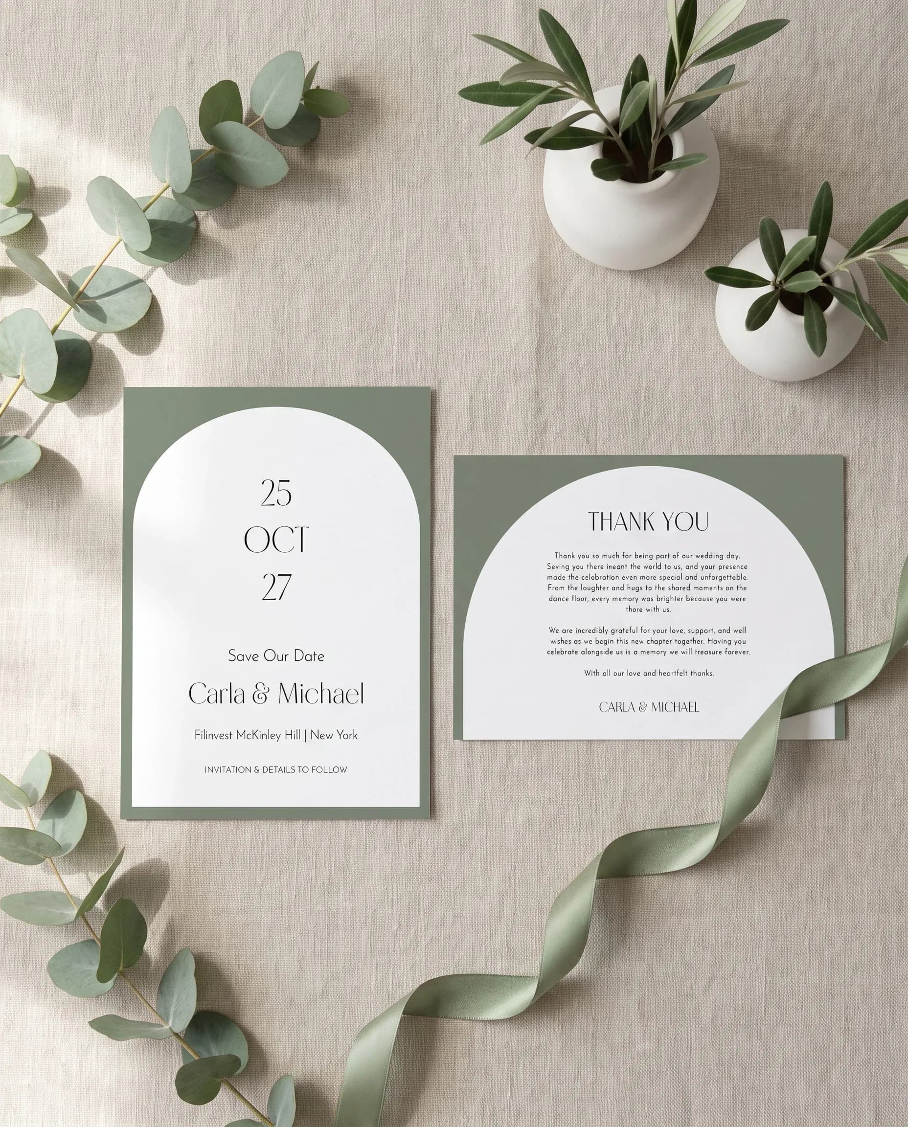 Arc Vale wedding invitation set — Save the date and thank you card shown in a flat lay, wedding invitation templates
