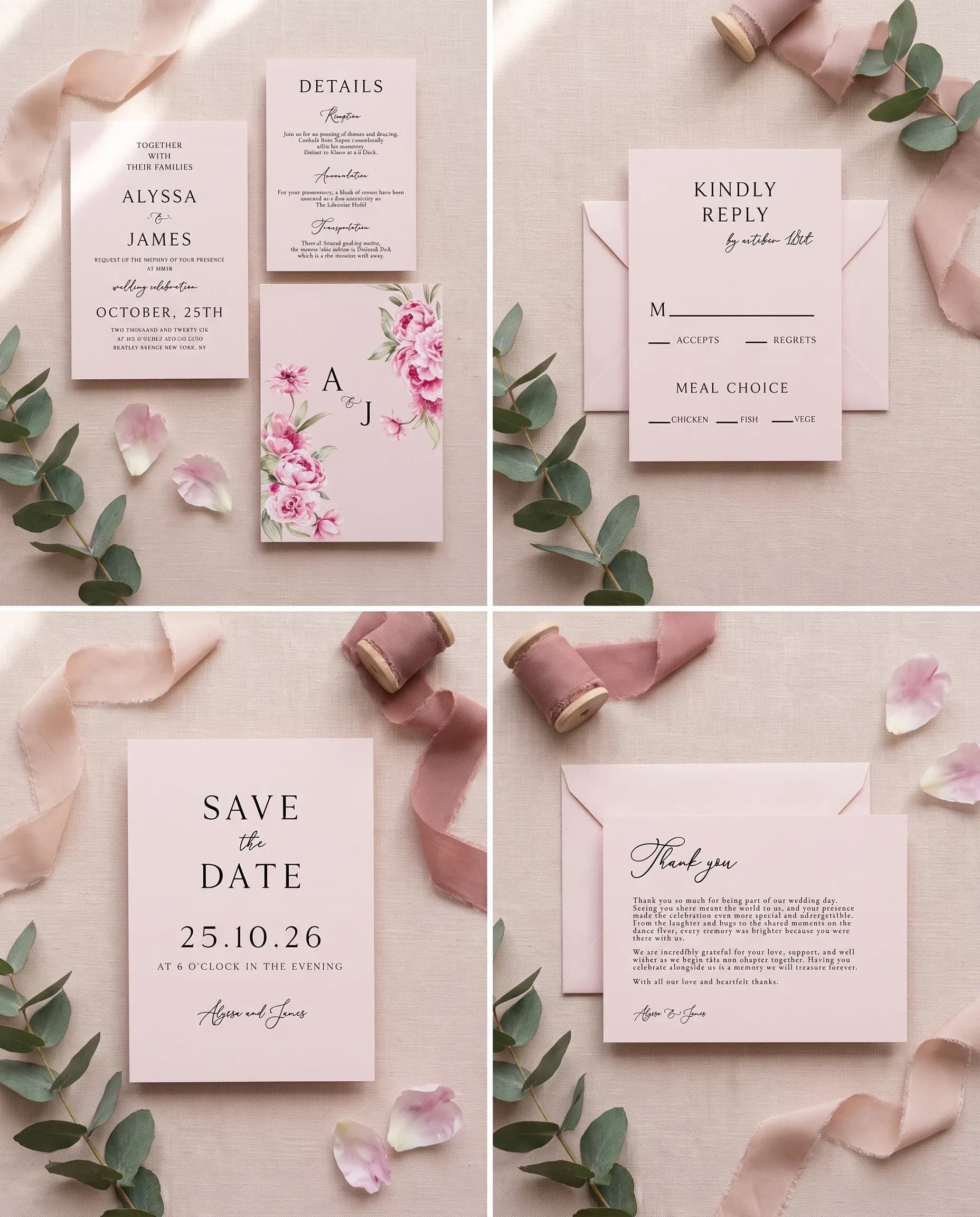 Blush Peony wedding invitation set — invitation, details card, RSVP, save the date and thank you card shown in a flat lay, wedding invitation suite.