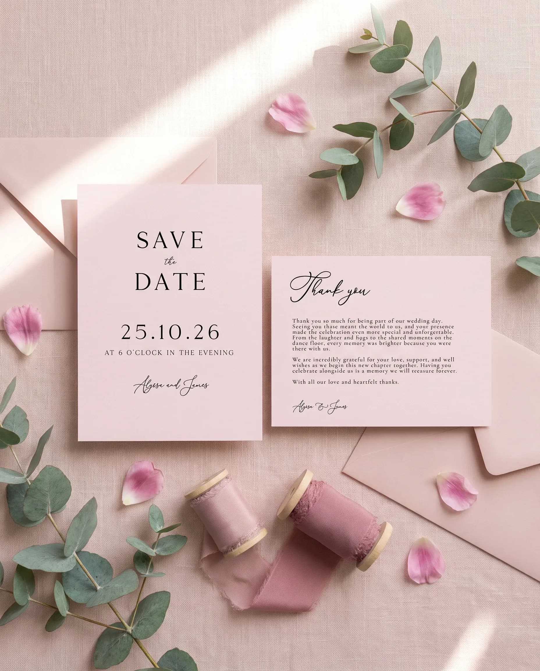 Blush Peony wedding invitation set — save the date and thank you card shown in a flat lay, wedding invitation templates.