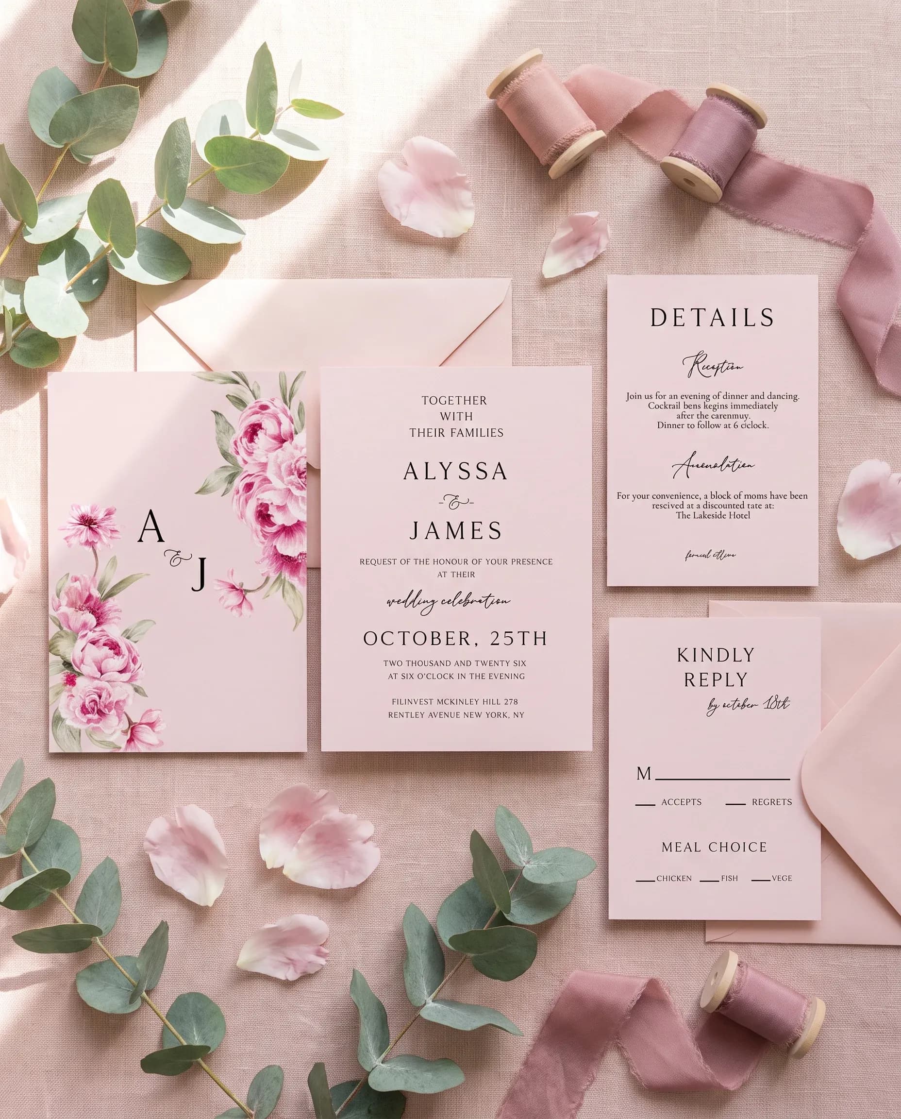 Blush Peony wedding invitation set — invitation, details card and RSVP shown in a flat lay, printable wedding invitations.