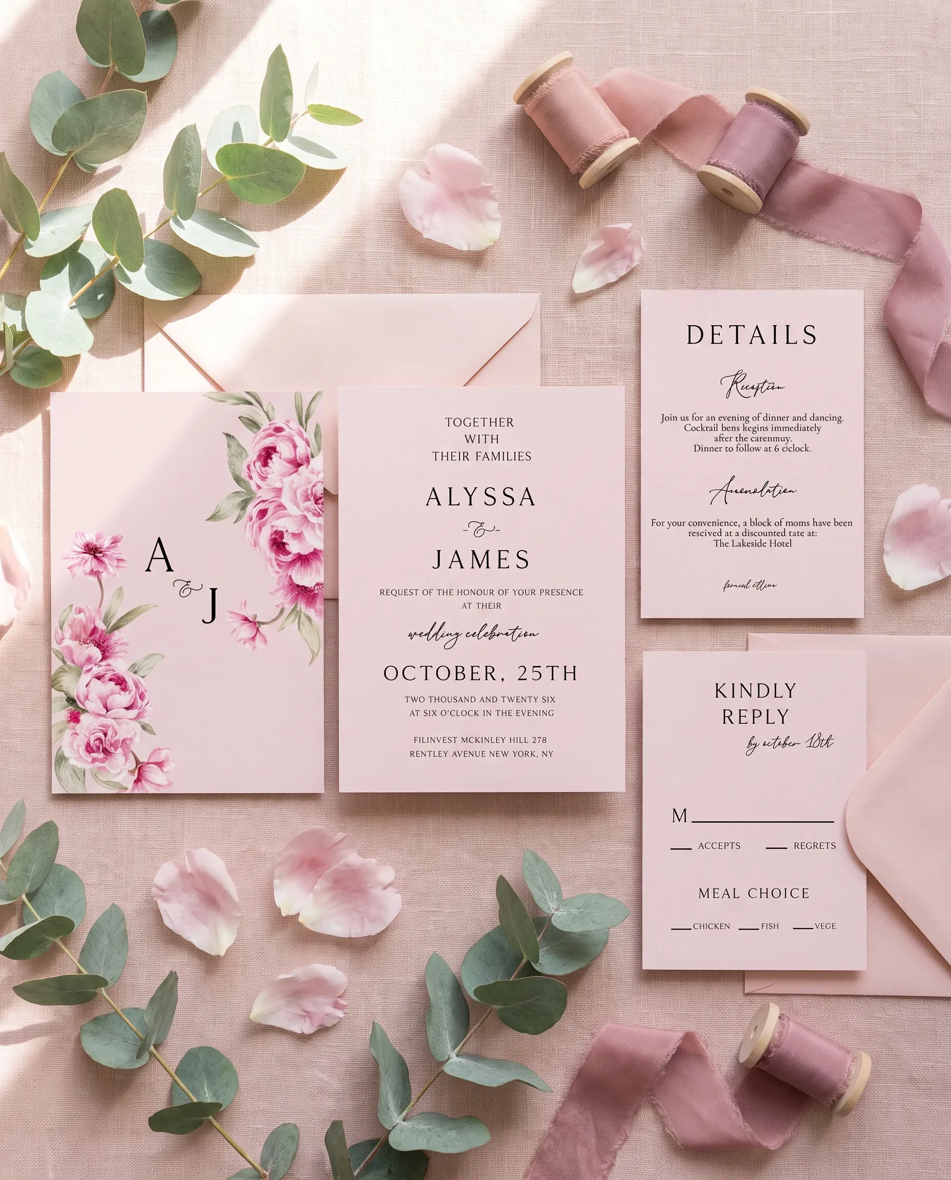 Blush Peony wedding invitation set — invitation, details card and RSVP shown in a flat lay, printable wedding invitations.