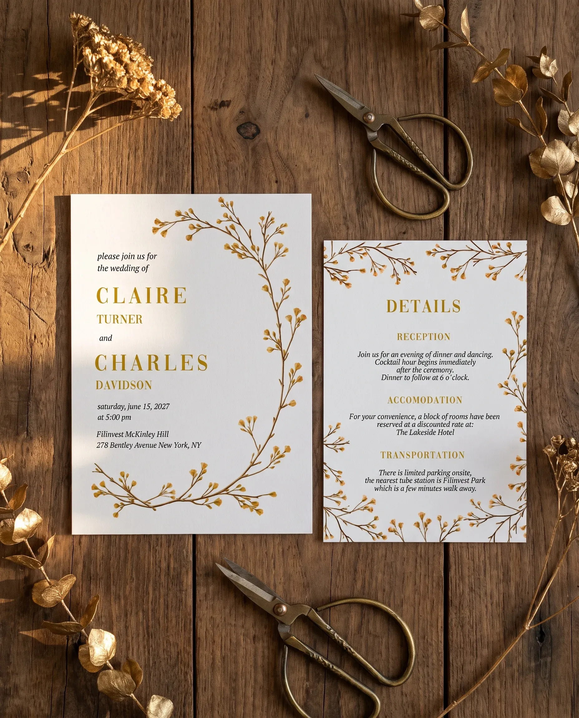 Golden Vine wedding invitation suite — invitation and details card arranged together on premium editorial paper under soft natural light, wedding details card.