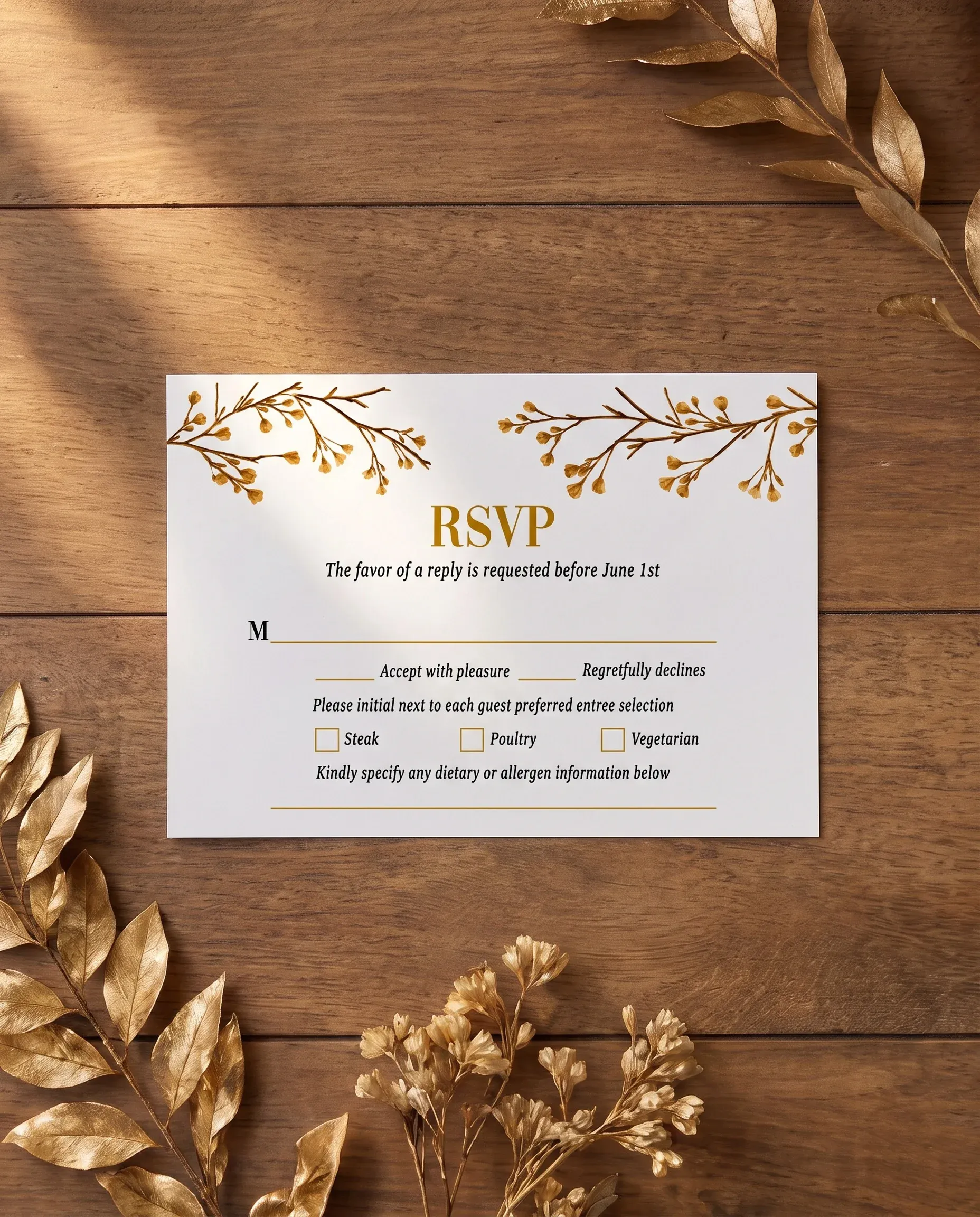 Golden Vine wedding invitation suite — RSVP card shown in a flat lay, wedding RSVP cards.
