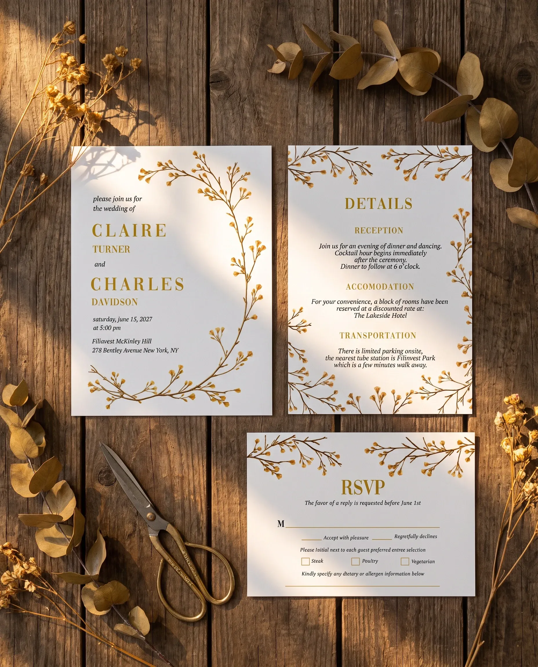 Golden Vine wedding invitation suite — invitation, details card and RSVP shown in a flat lay under soft natural light, wedding invitation templates