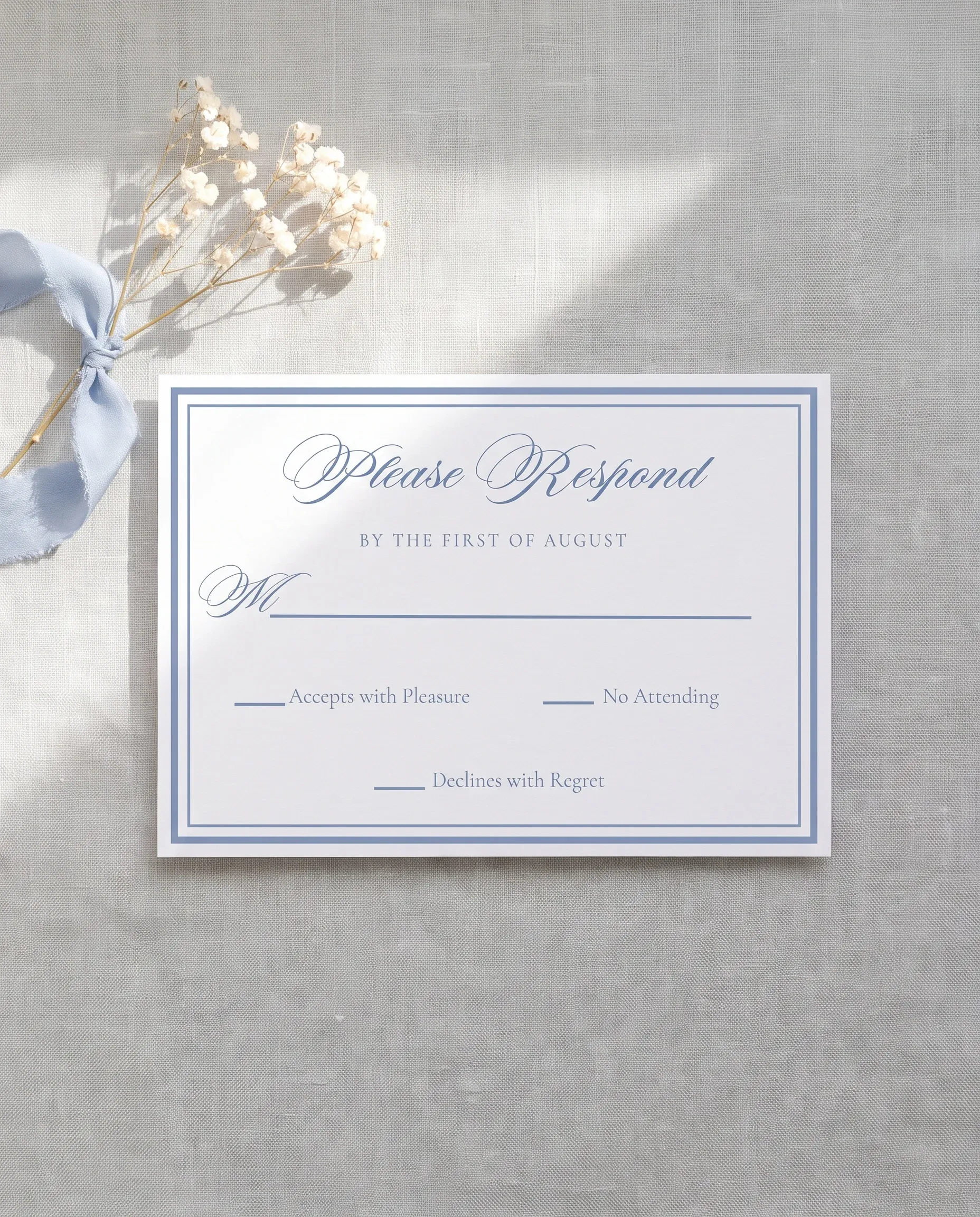 Azure Flourish wedding invitation suite — RSVP card shown in a flat lay with soft natural light, wedding RSVP cards