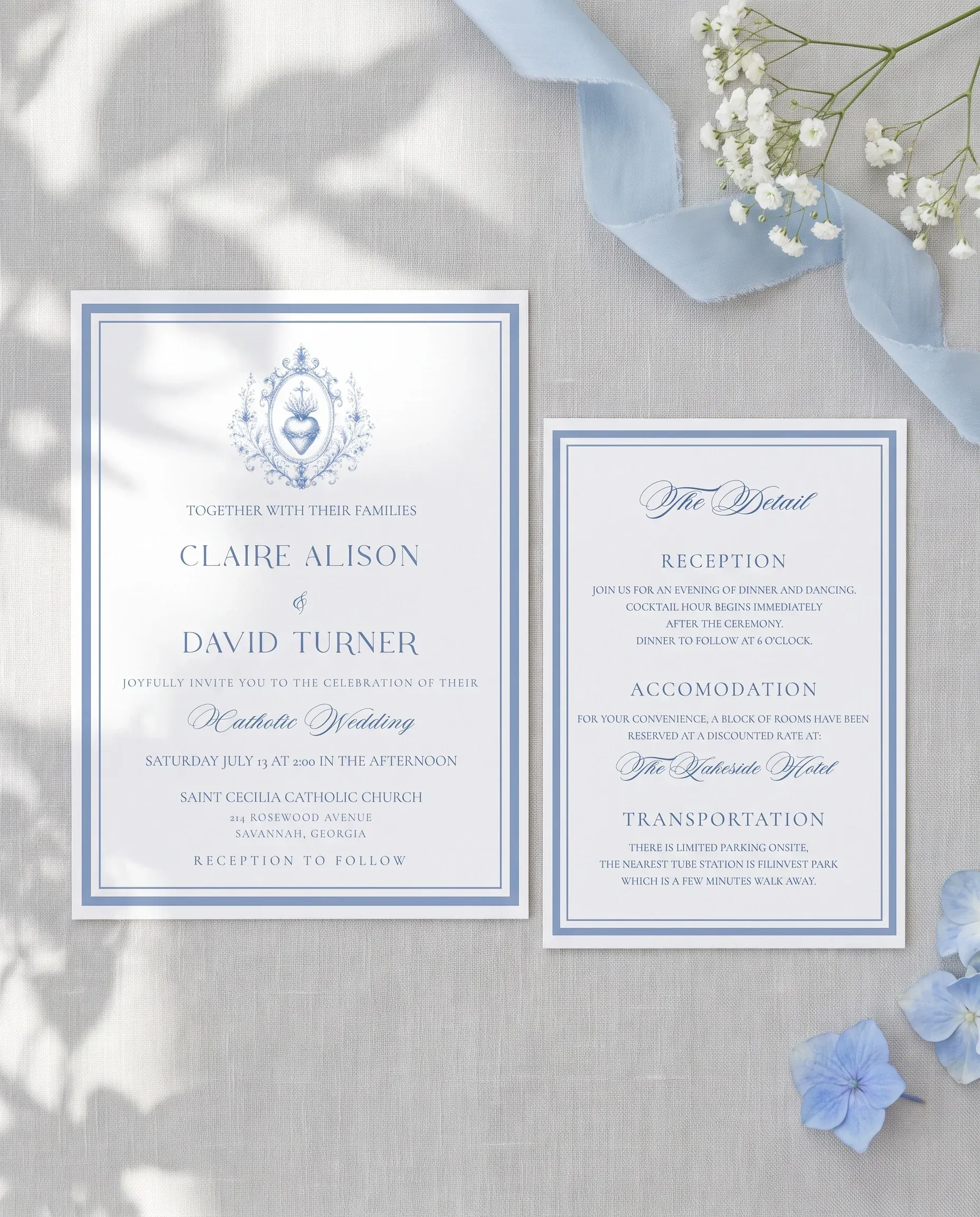 Azure Flourish wedding invitation suite — invitation and details card arranged together in a flat lay under soft natural light, wedding details card.
