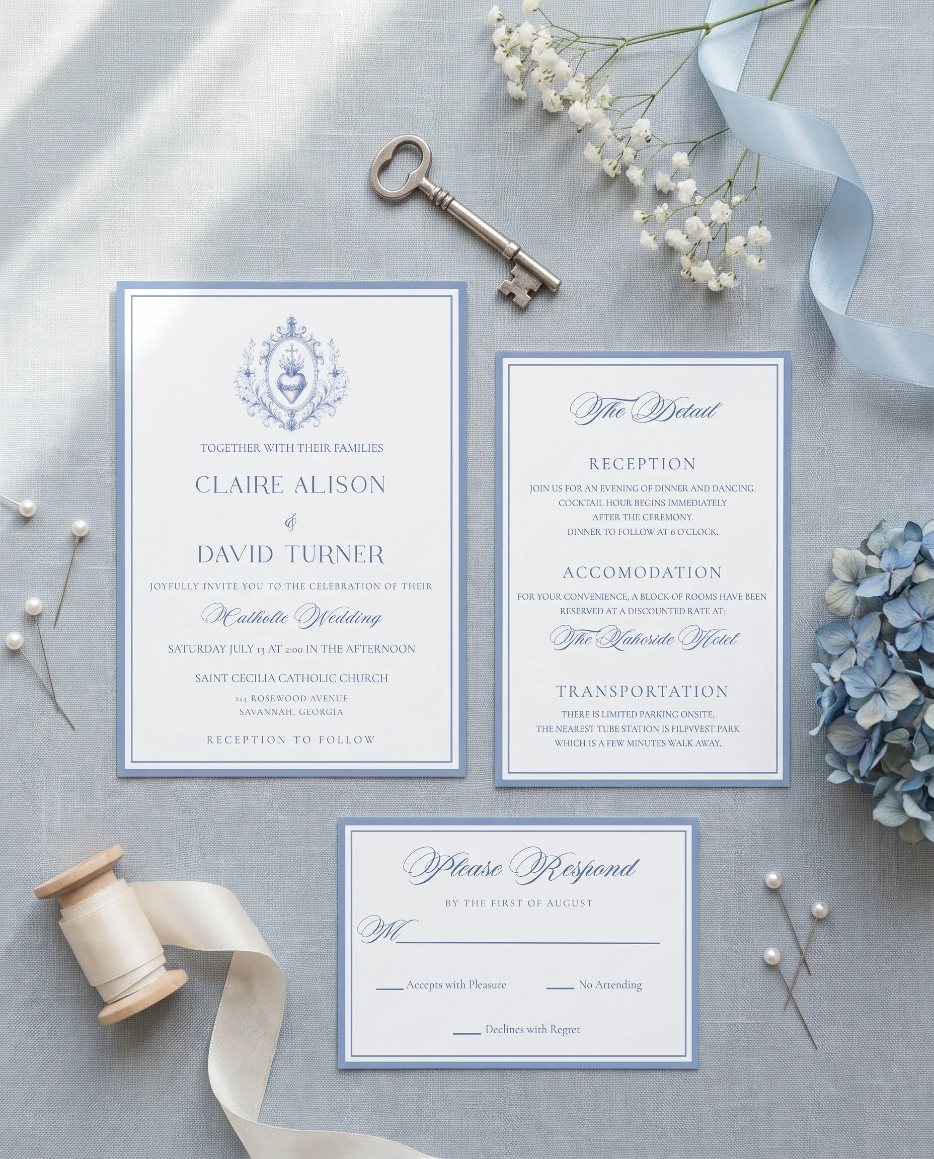 Azure Flourish wedding invitation suite — invitation, details card and RSVP shown in a flat lay, wedding invitation templates.