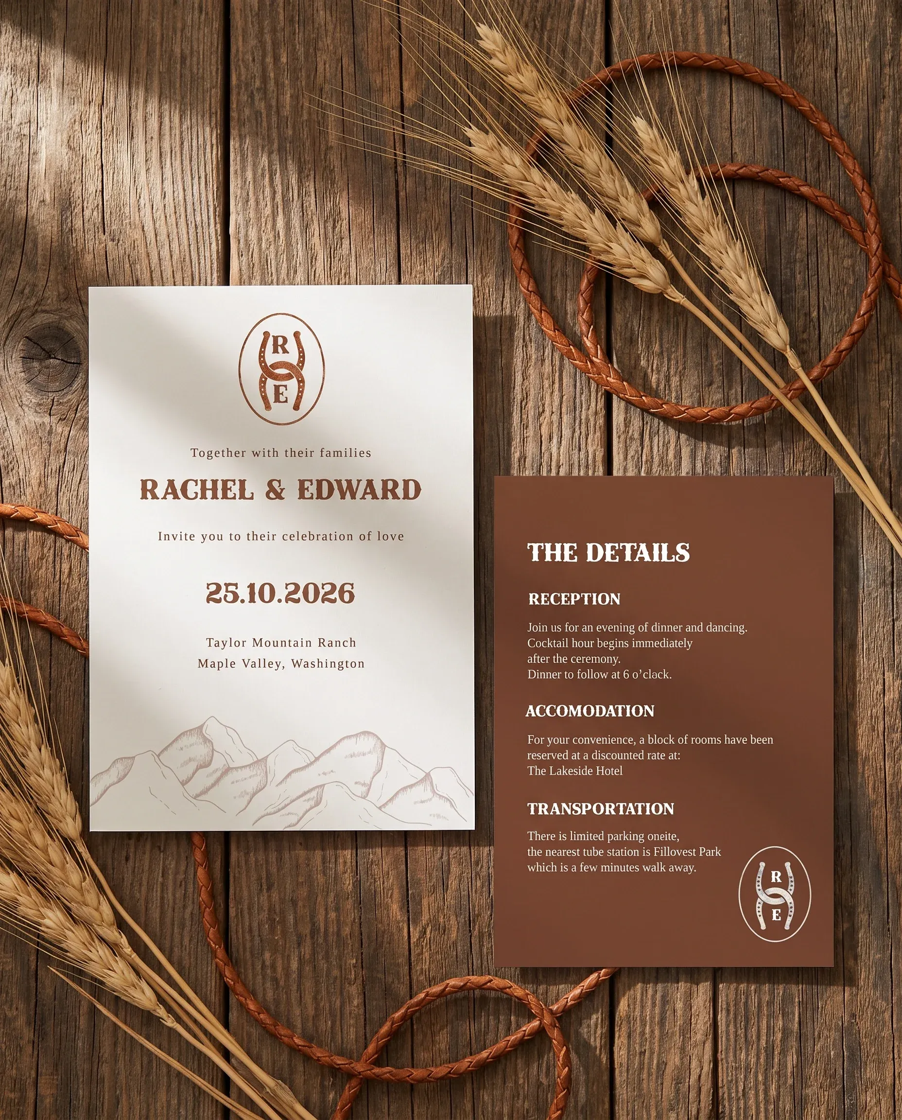 Saddle Crest wedding invitation suite — invitation and details card shown in a flat lay under soft natural light, wedding details card