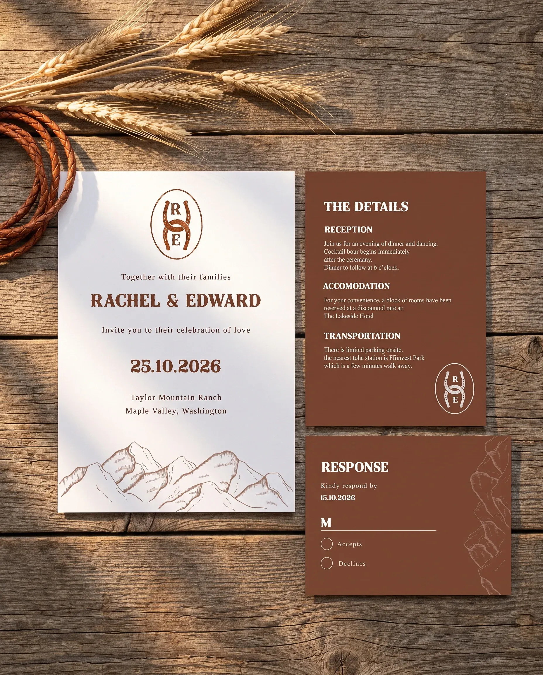 Saddle Crest wedding invitation suite — invitation, details card and RSVP shown in a flat lay under soft overhead light, wedding invitation templates