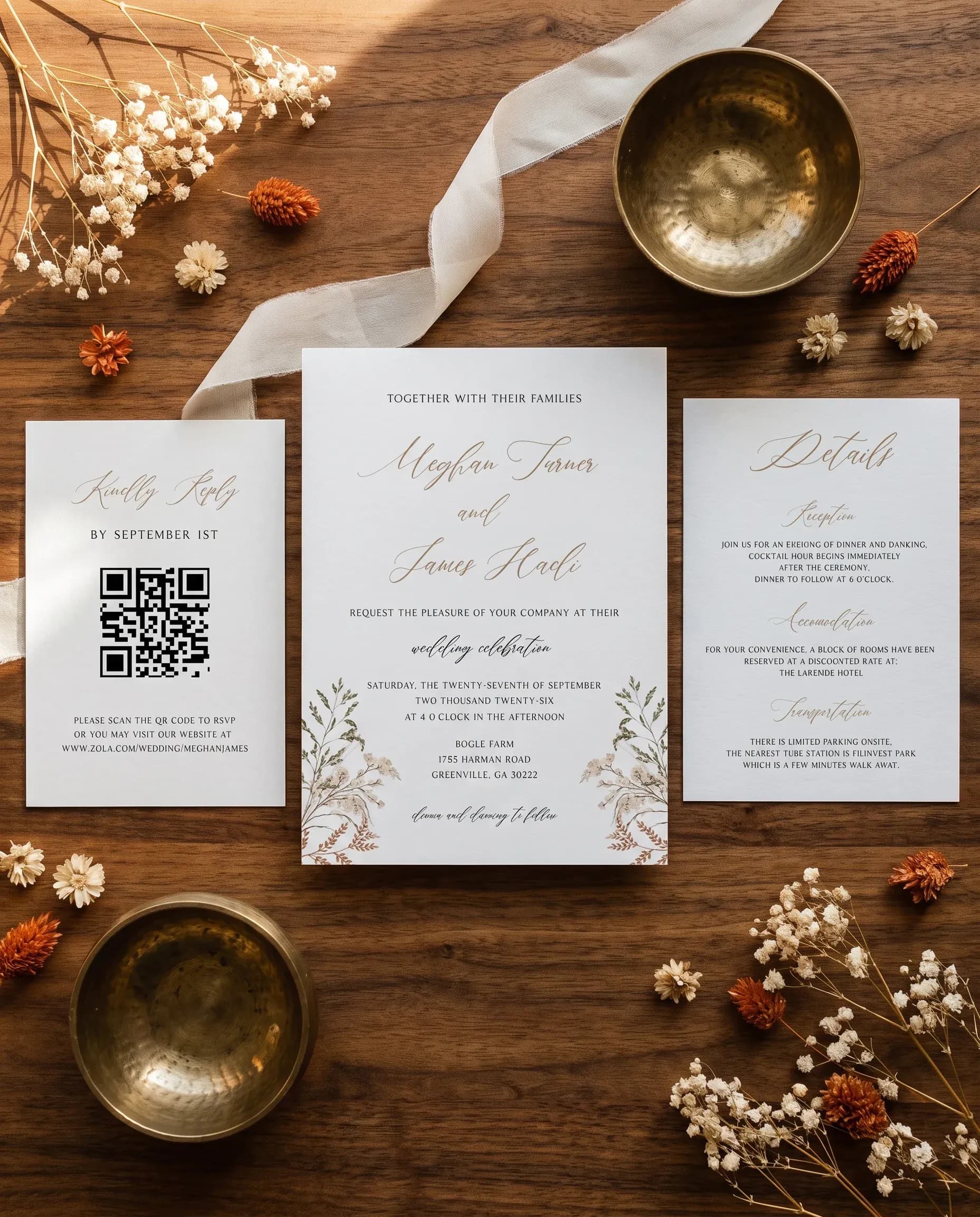 Bramble Court wedding invitation set — Invitation, details card and RSVP card shown in a flat lay, printable wedding invitations