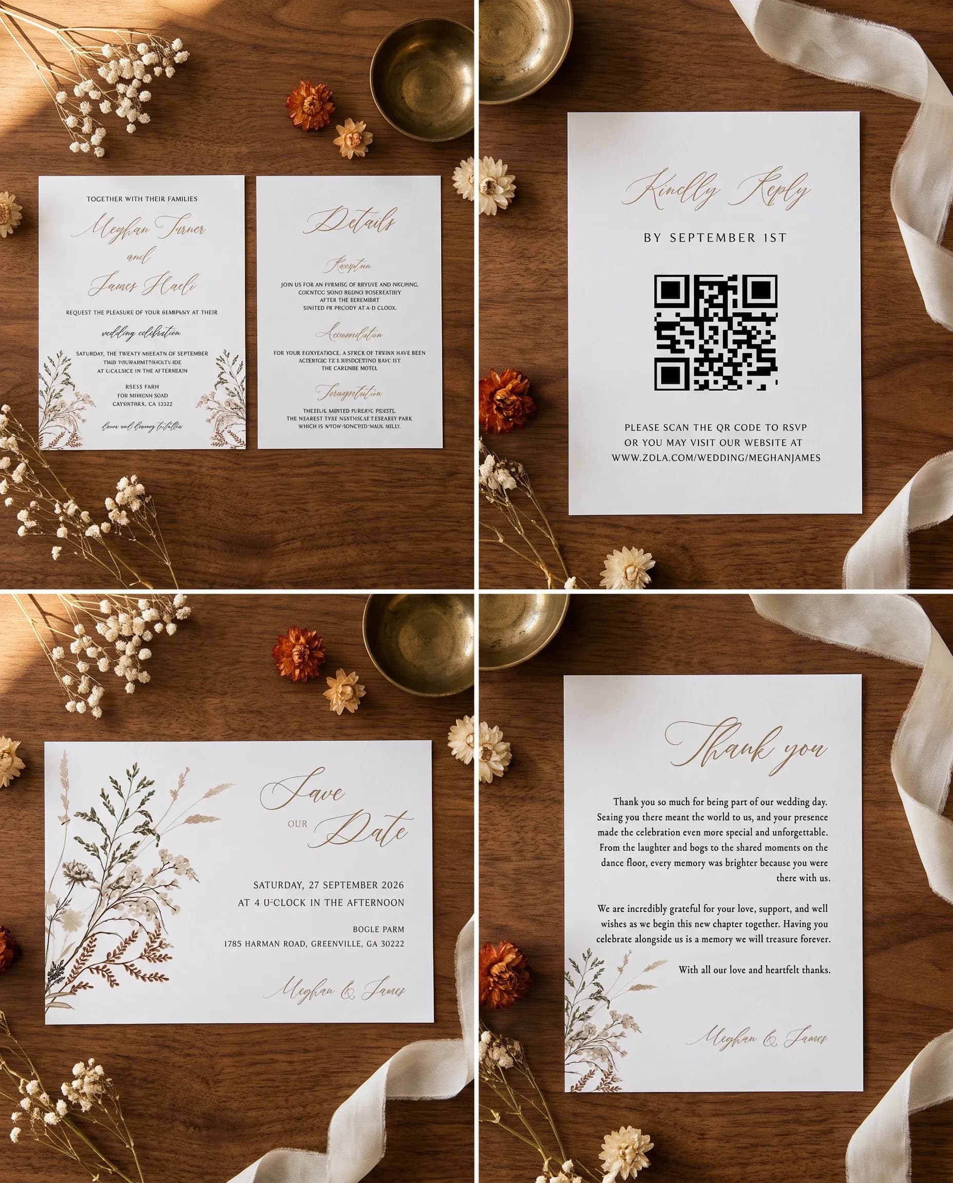 Bramble Court wedding invitation set — Invitation, details card, RSVP, save the date and thank you card shown in a flat lay, wedding invitation suite