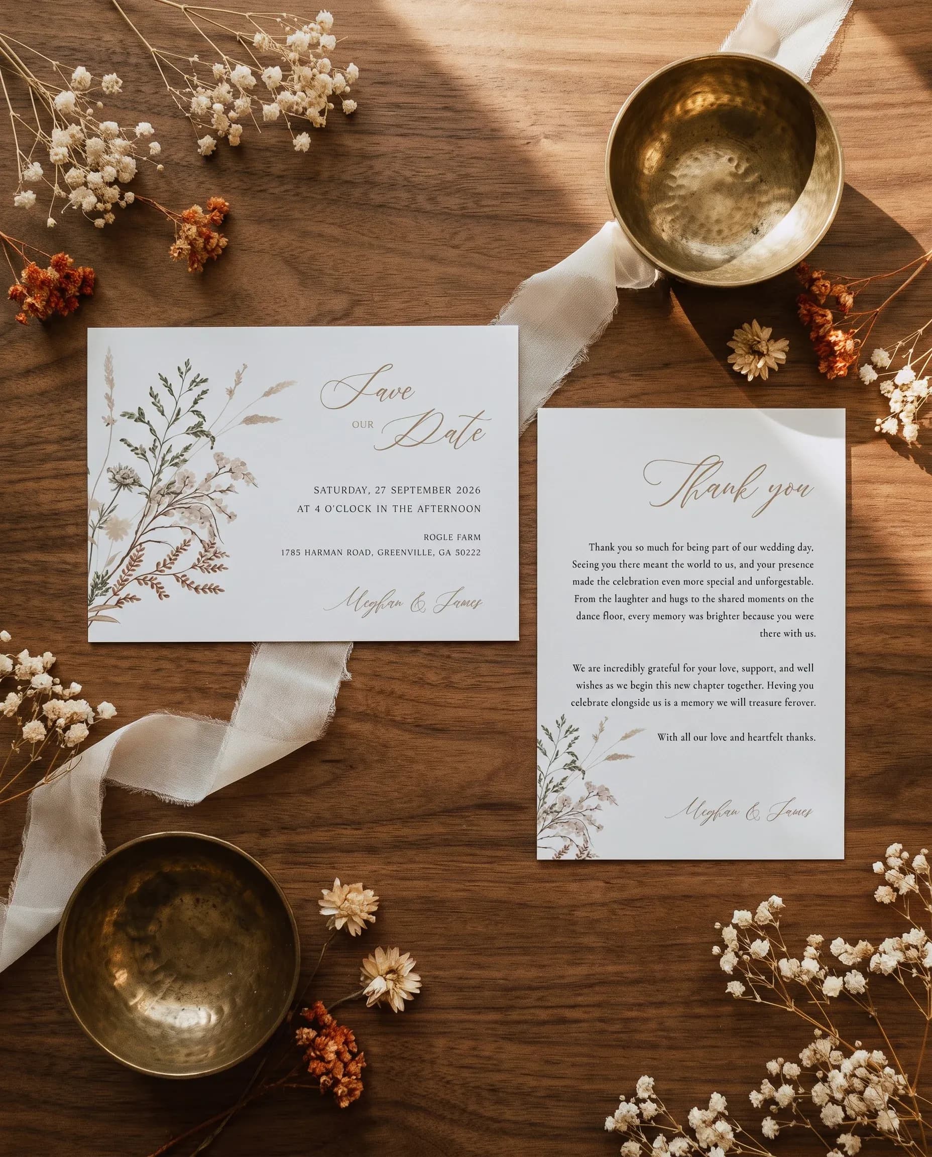 Bramble Court wedding invitation set — Save the date and thank you card shown in a flat lay, wedding invitation templates
