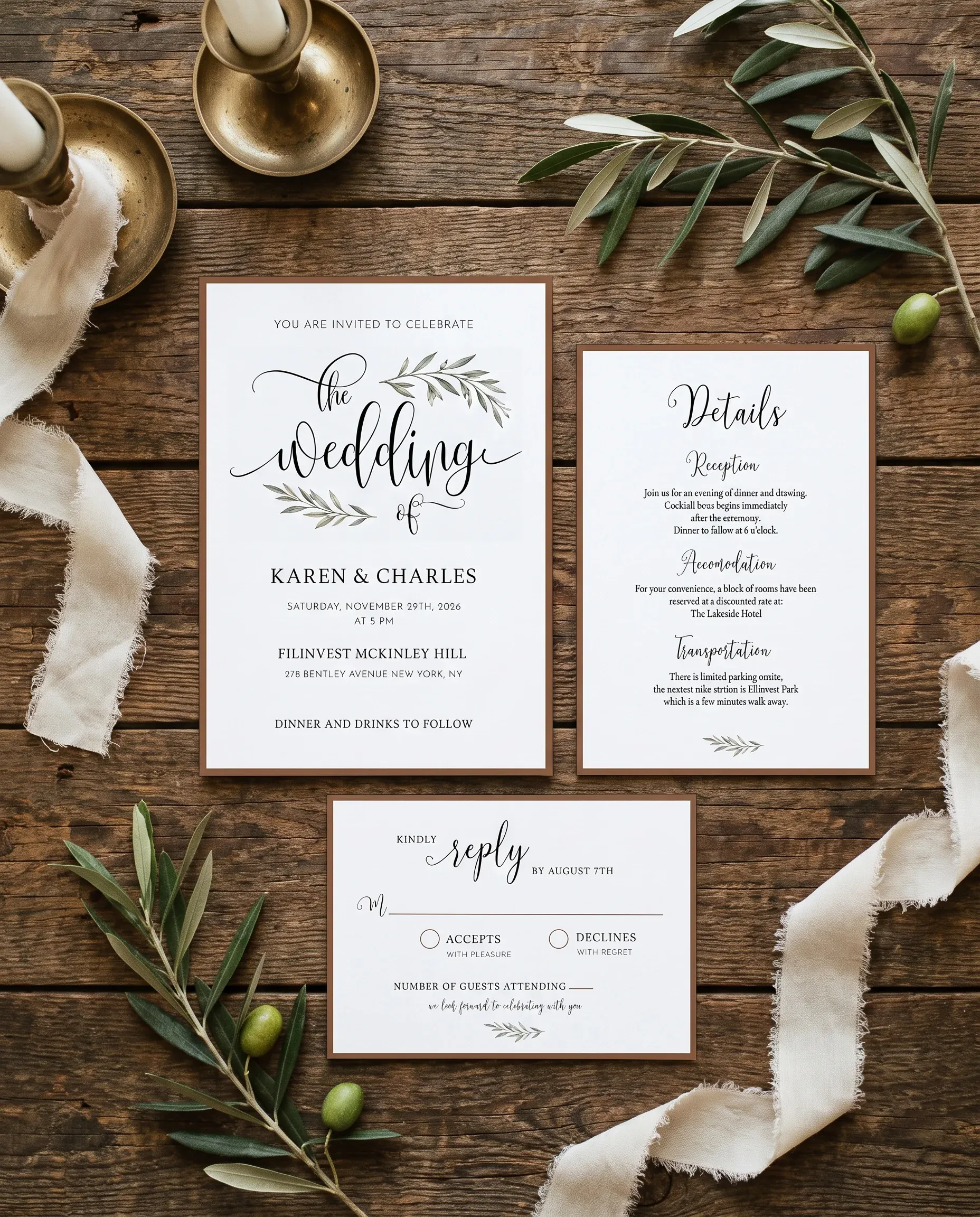 Olive Arc wedding invitation suite — invitation, details card and RSVP shown in a flat lay under soft natural light, wedding invitation templates.